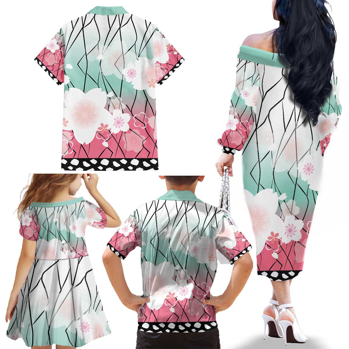 Japanese Kocho Pattern Family Matching Off The Shoulder Long Sleeve Dress and Hawaiian Shirt Insect Pillar Butterfly Flower Fairy - Polynesian Pride
