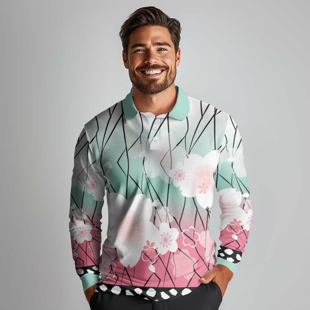 Japanese Kocho Pattern Long Sleeve Polo Shirt Insect Pillar Butterfly Flower Fairy LT9 - Polynesian Pride