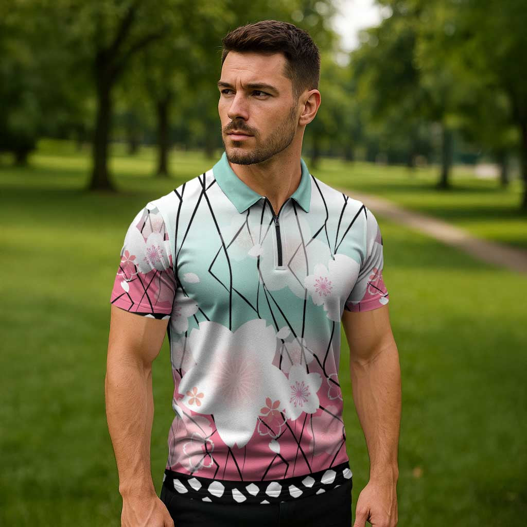 Japanese Kocho Pattern Zipper Polo Shirt Insect Pillar Butterfly Flower Fairy LT9 - Polynesian Pride