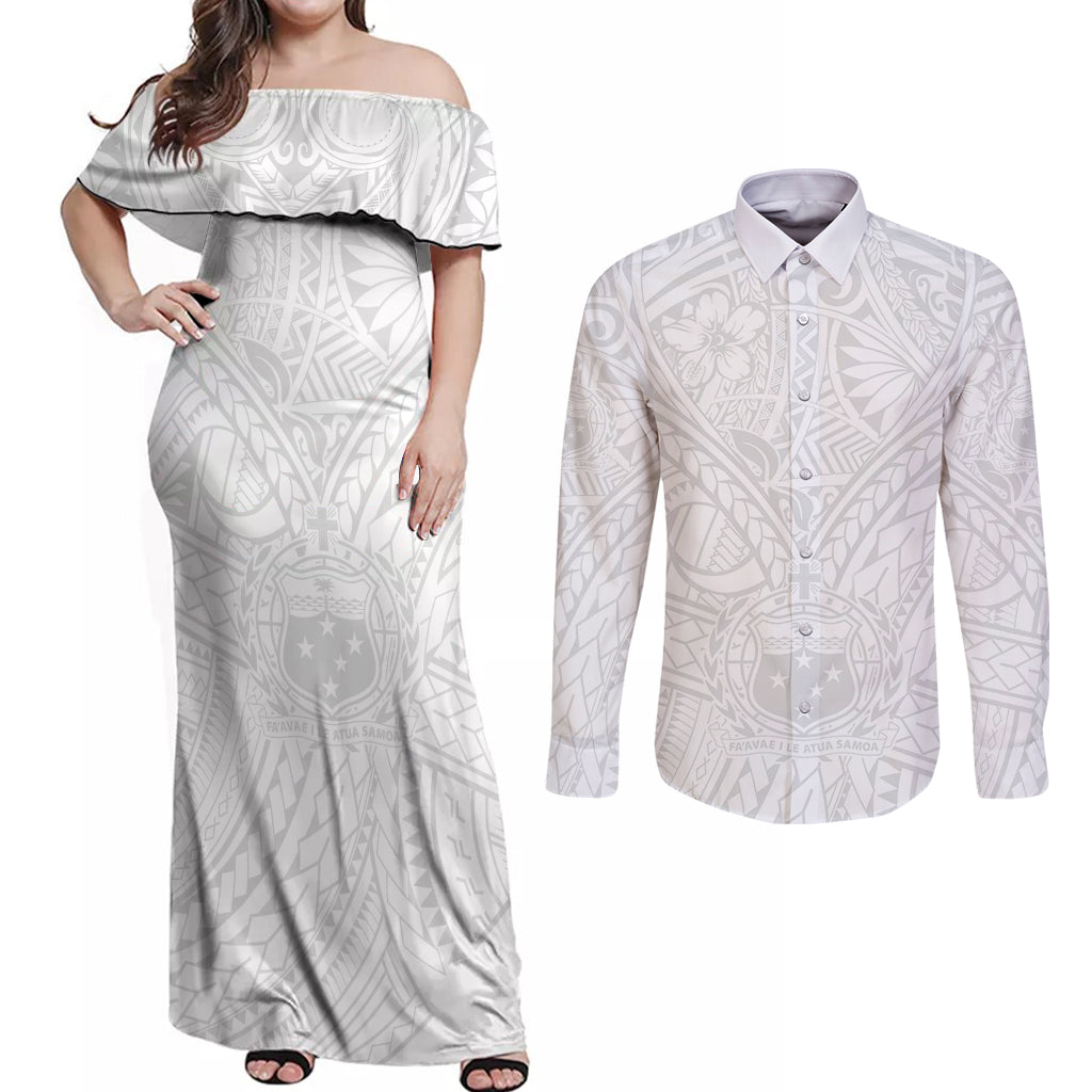 Samoa Lotu Tamaiti Couples Matching Off Shoulder Maxi Dress and Long Sleeve Button Shirts Polynesian White Sunday Simple LT9 White - Polynesian Pride