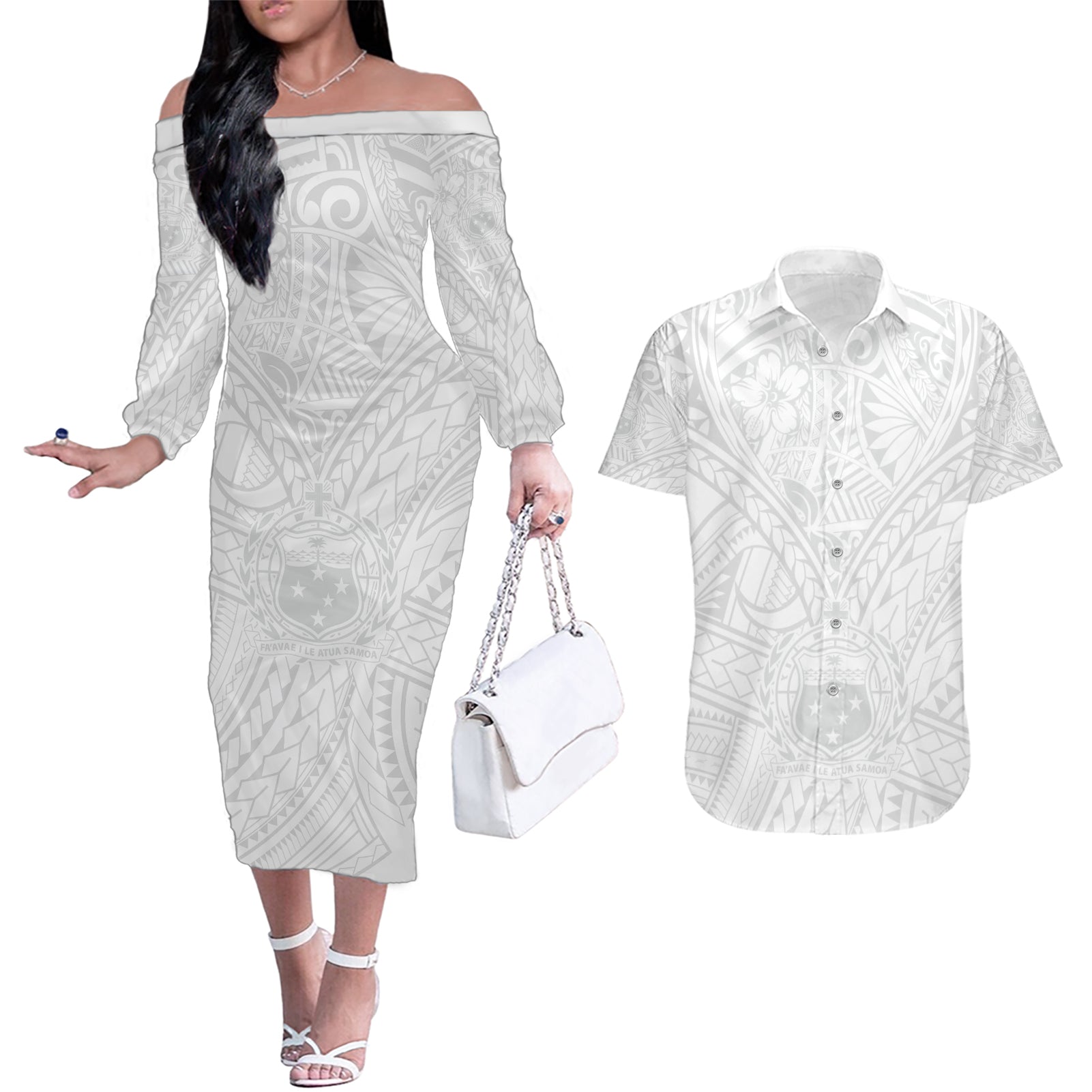 Samoa Lotu Tamaiti Couples Matching Off The Shoulder Long Sleeve Dress and Hawaiian Shirt Polynesian White Sunday Simple LT9 White - Polynesian Pride