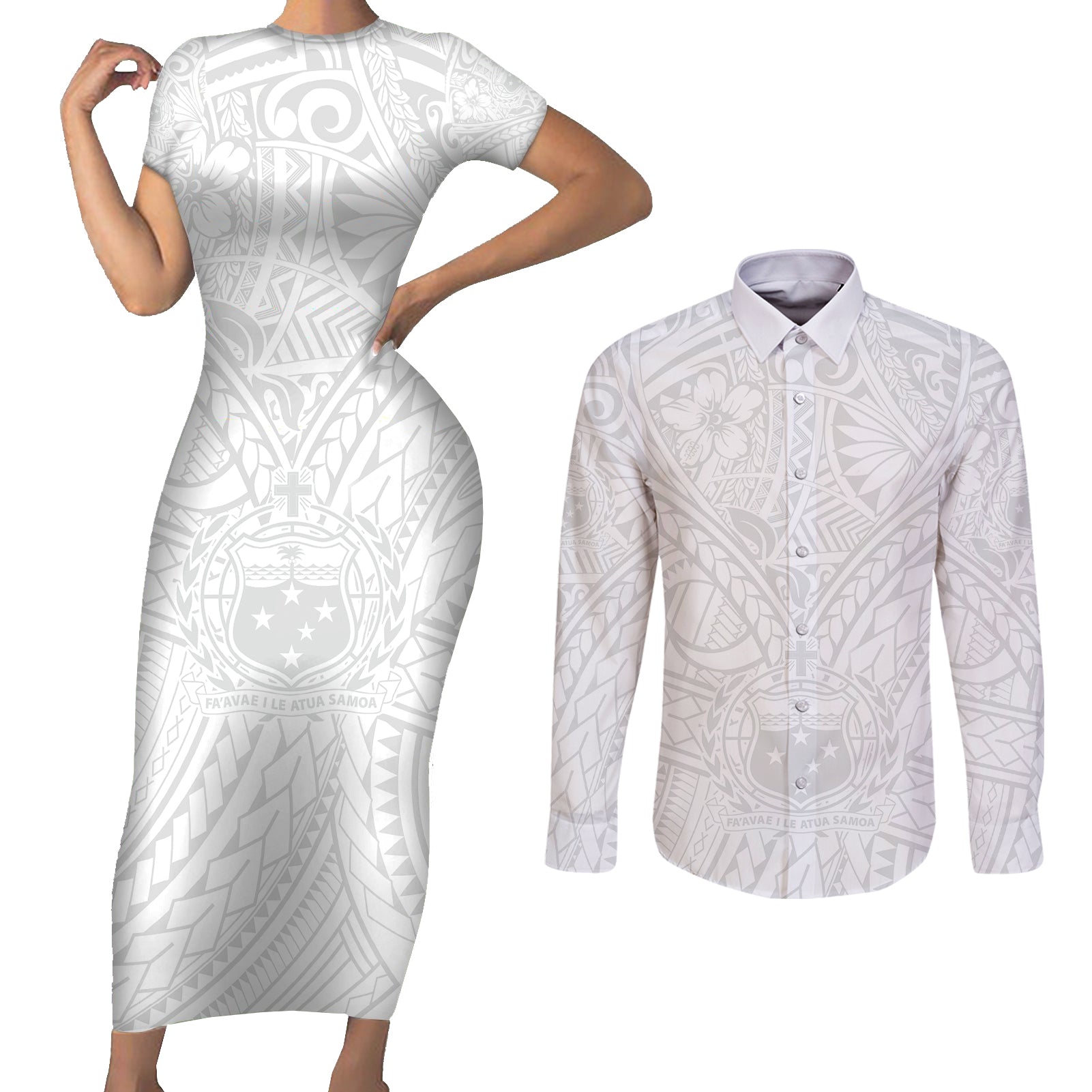 Samoa Lotu Tamaiti Couples Matching Short Sleeve Bodycon Dress and Long Sleeve Button Shirts Polynesian White Sunday Simple LT9 White - Polynesian Pride