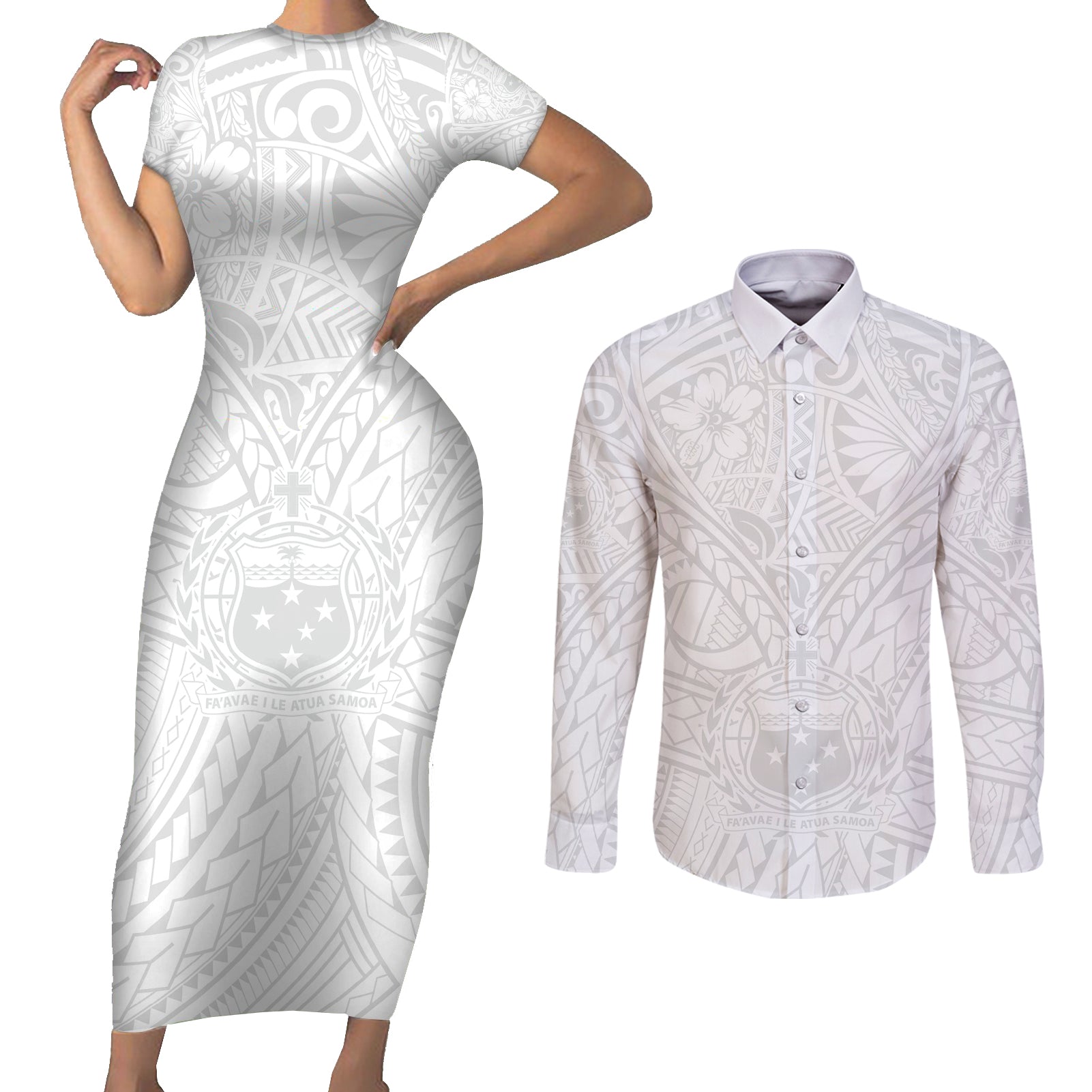 Samoa Lotu Tamaiti Couples Matching Short Sleeve Bodycon Dress and Long Sleeve Button Shirts Polynesian White Sunday Simple LT9 White - Polynesian Pride