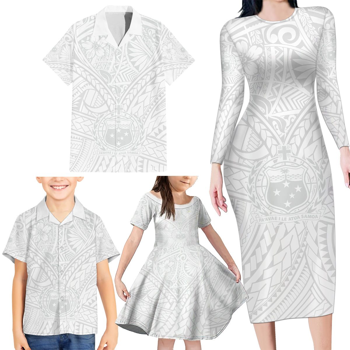 Samoa Lotu Tamaiti Family Matching Long Sleeve Bodycon Dress and Hawaiian Shirt Polynesian White Sunday Simple LT9 - Polynesian Pride