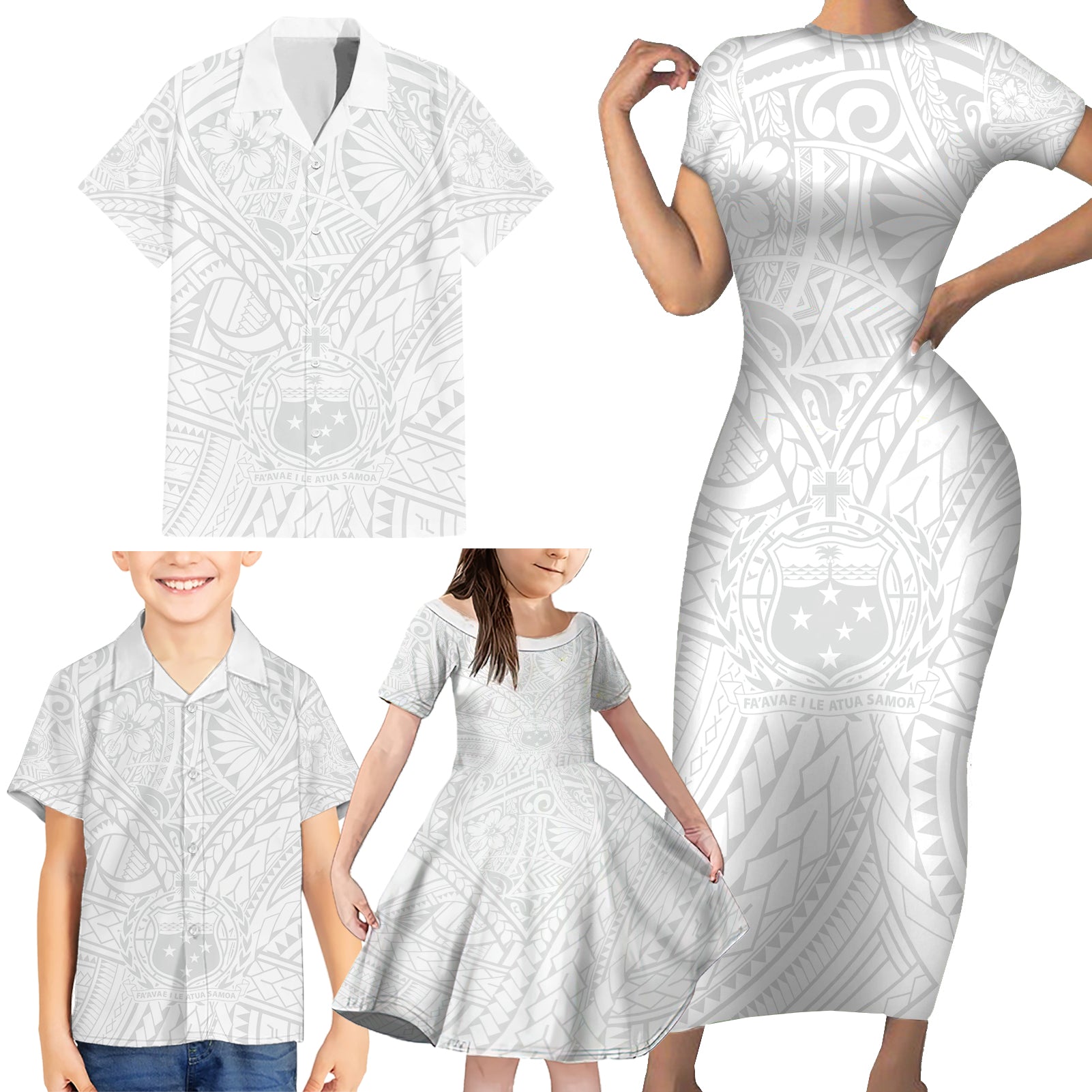 Samoa Lotu Tamaiti Family Matching Short Sleeve Bodycon Dress and Hawaiian Shirt Polynesian White Sunday Simple LT9 - Polynesian Pride