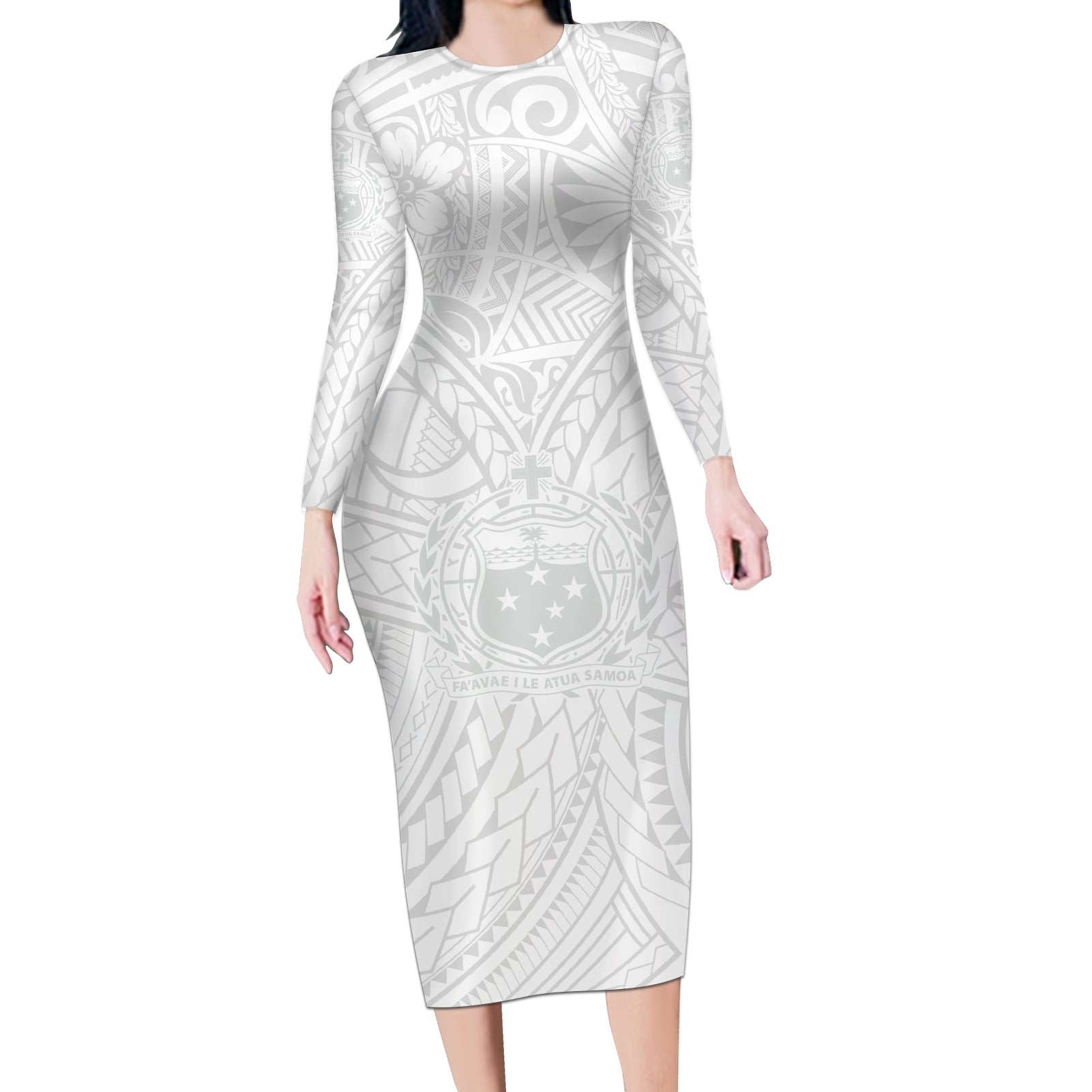 Samoa Lotu Tamaiti Long Sleeve Bodycon Dress Polynesian White Sunday Simple LT9 Long Dress White - Polynesian Pride