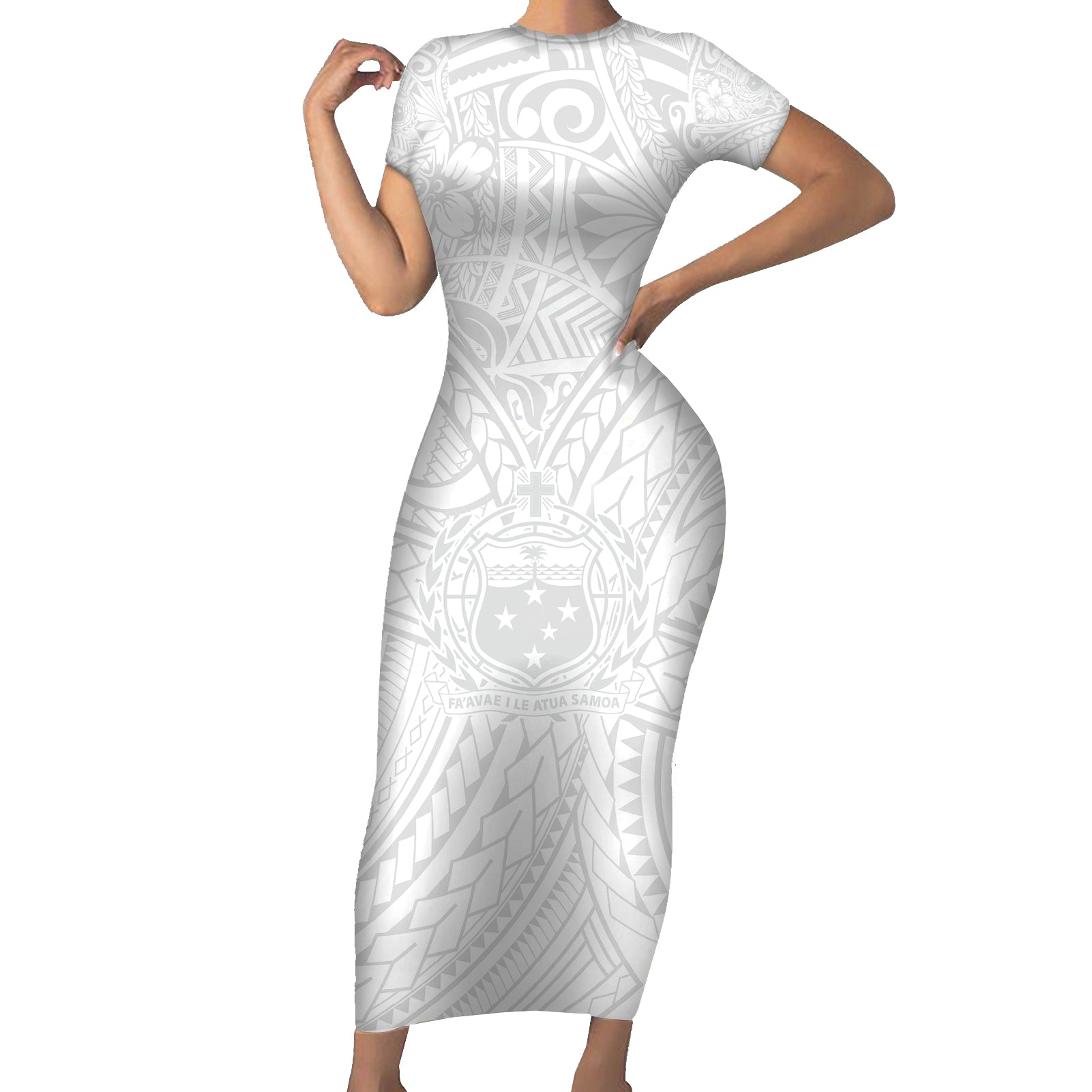 Samoa Lotu Tamaiti Short Sleeve Bodycon Dress Polynesian White Sunday Simple LT9 Long Dress White - Polynesian Pride