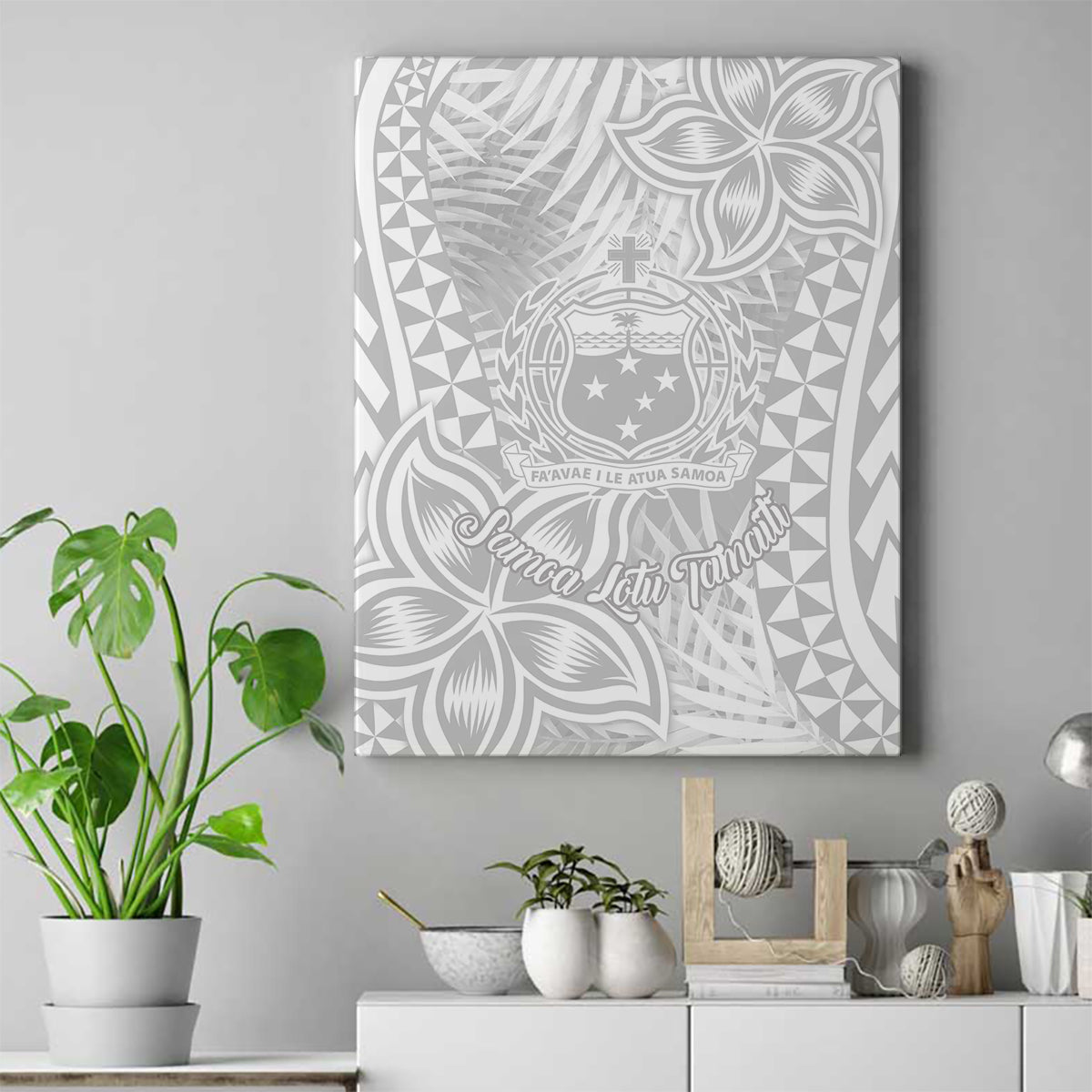 Samoa Lotu Tamait Canvas Wall Art Tropical Plant White Sunday With Polynesia Pattern LT9 White - Polynesian Pride