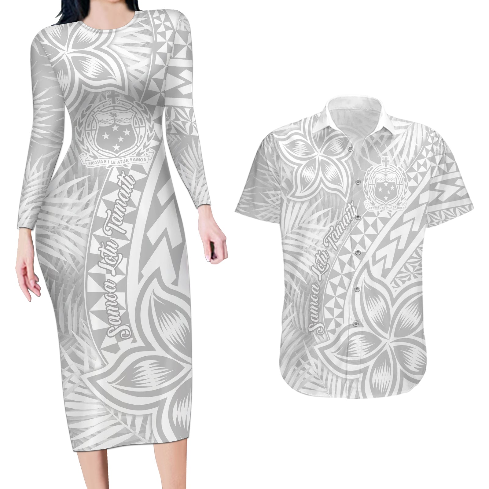 Samoa Lotu Tamait Couples Matching Long Sleeve Bodycon Dress and Hawaiian Shirt Tropical Plant White Sunday With Polynesia Pattern LT9 White - Polynesian Pride