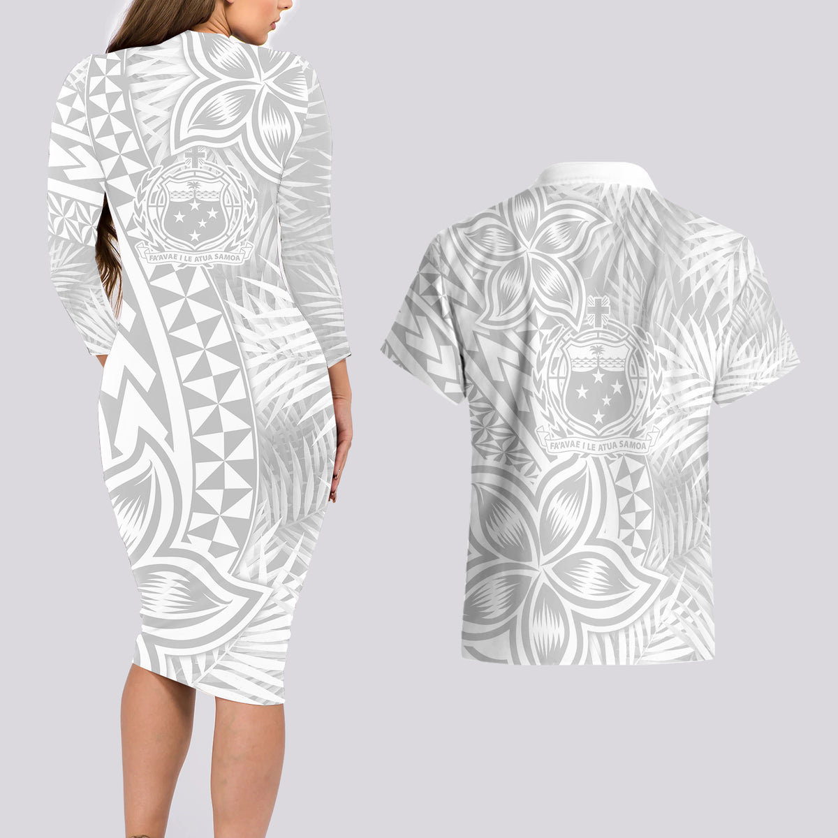 Samoa Lotu Tamait Couples Matching Long Sleeve Bodycon Dress and Hawaiian Shirt Tropical Plant White Sunday With Polynesia Pattern LT9 - Polynesian Pride