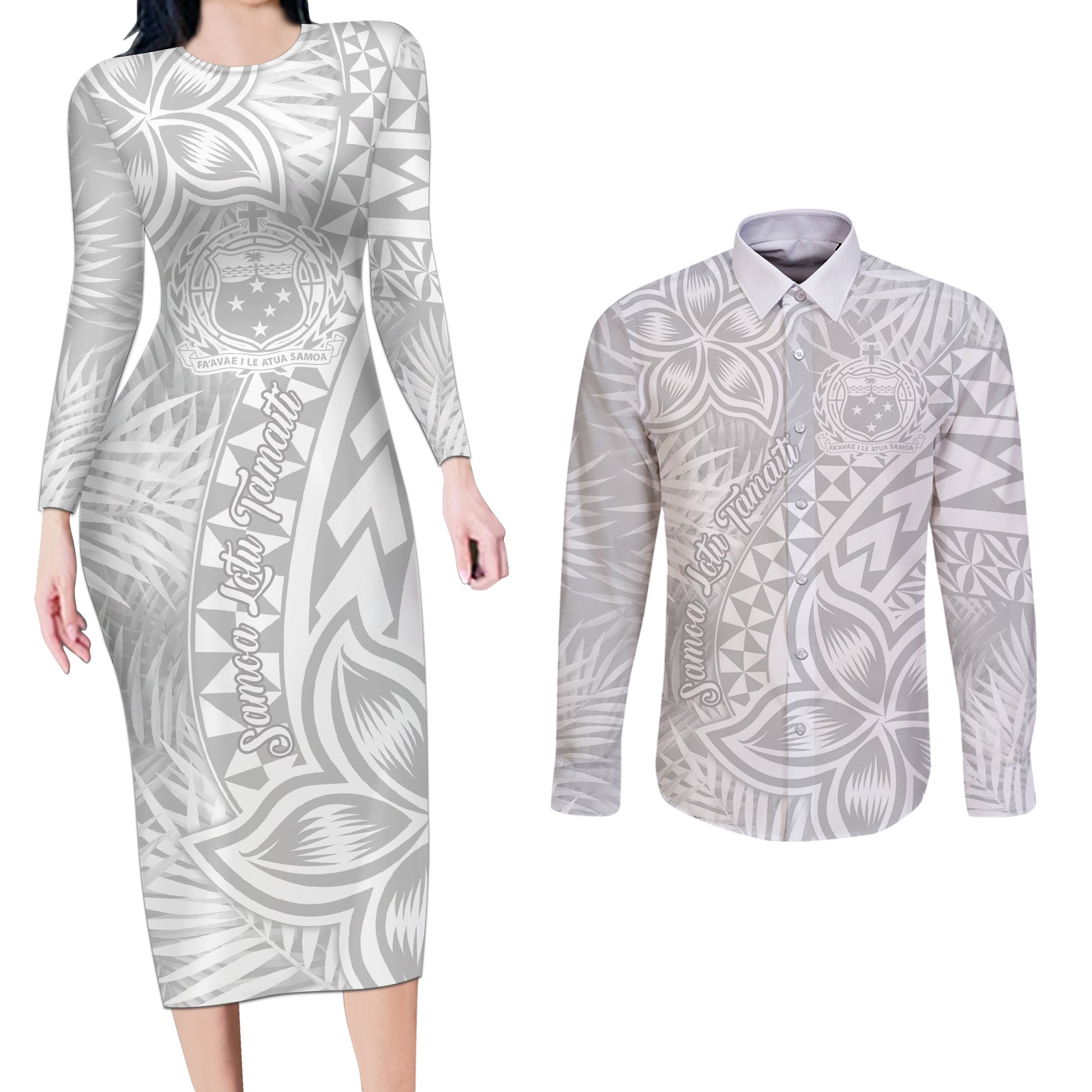 Samoa Lotu Tamait Couples Matching Long Sleeve Bodycon Dress and Long Sleeve Button Shirts Tropical Plant White Sunday With Polynesia Pattern LT9 White - Polynesian Pride