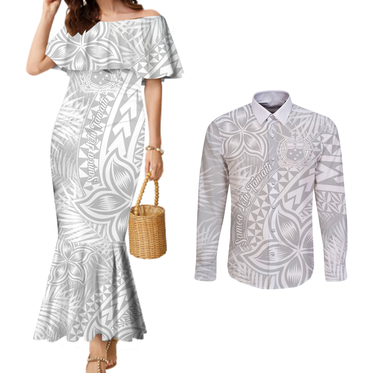 Samoa Lotu Tamait Couples Matching Mermaid Dress and Long Sleeve Button Shirts Tropical Plant White Sunday With Polynesia Pattern LT9 White - Polynesian Pride