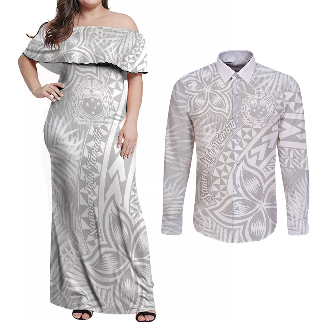 Samoa Lotu Tamait Couples Matching Off Shoulder Maxi Dress and Long Sleeve Button Shirts Tropical Plant White Sunday With Polynesia Pattern LT9 White - Polynesian Pride