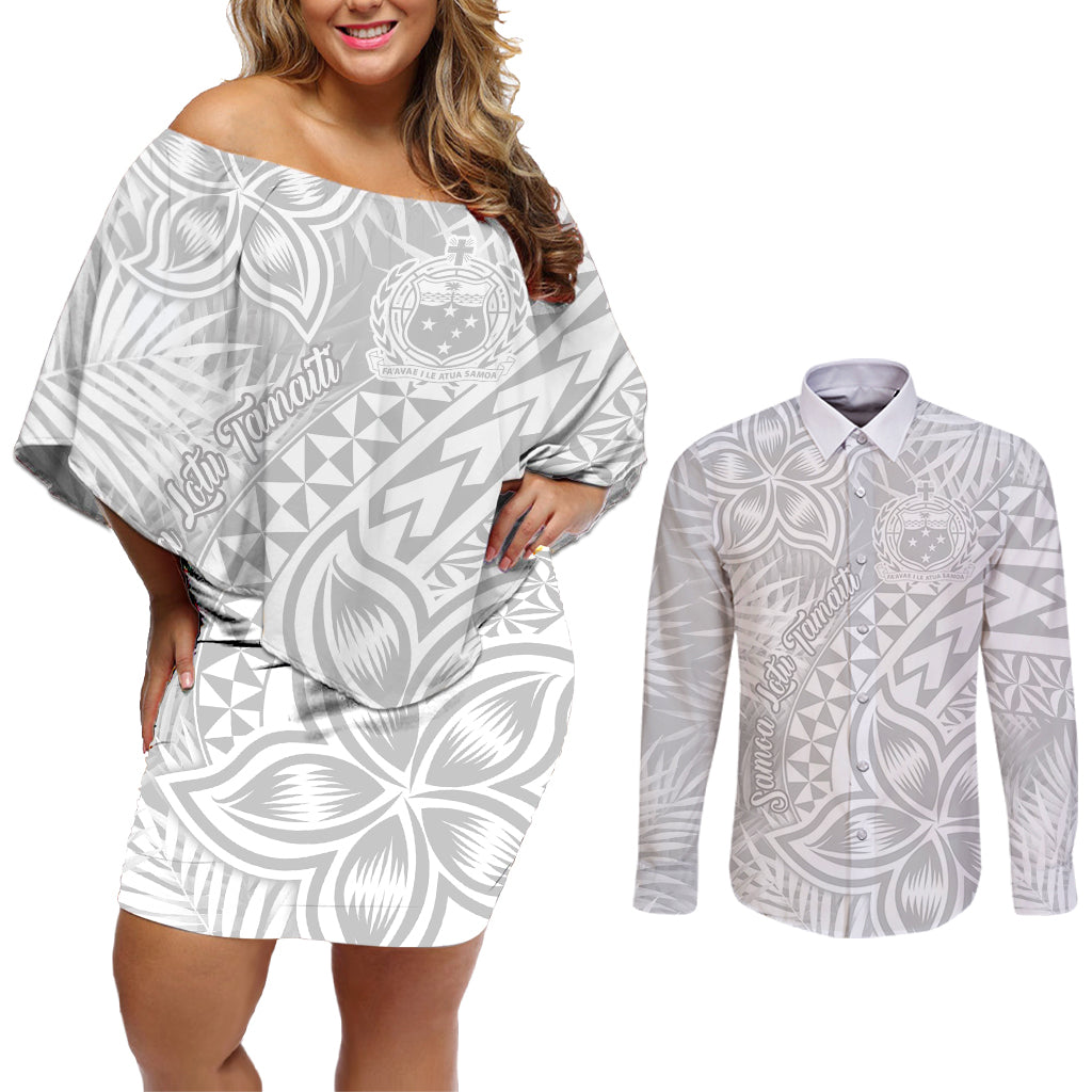 Samoa Lotu Tamait Couples Matching Off Shoulder Short Dress and Long Sleeve Button Shirts Tropical Plant White Sunday With Polynesia Pattern LT9 White - Polynesian Pride