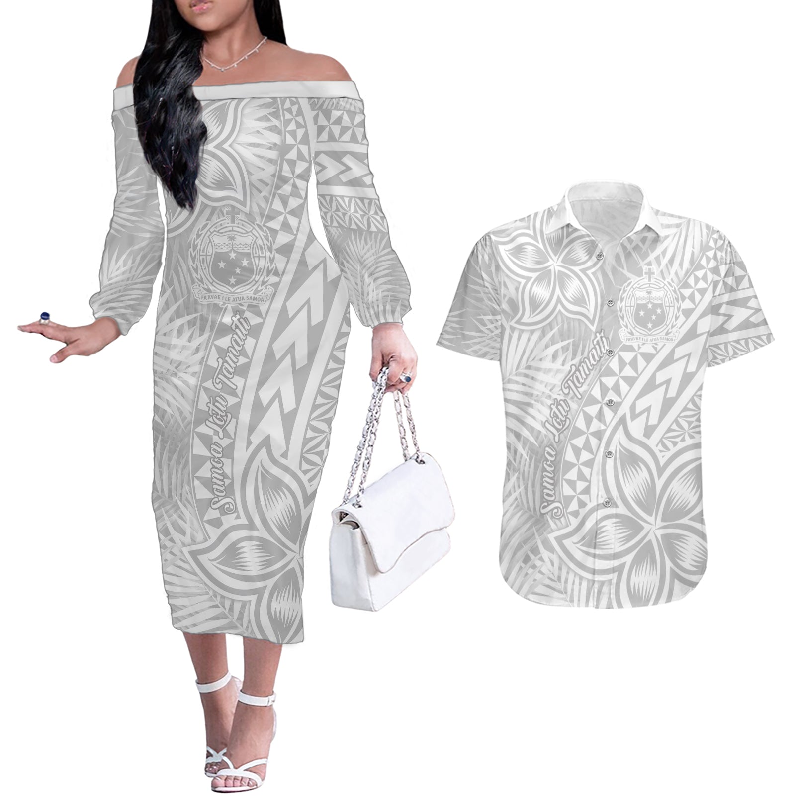 Samoa Lotu Tamait Couples Matching Off The Shoulder Long Sleeve Dress and Hawaiian Shirt Tropical Plant White Sunday With Polynesia Pattern LT9 White - Polynesian Pride