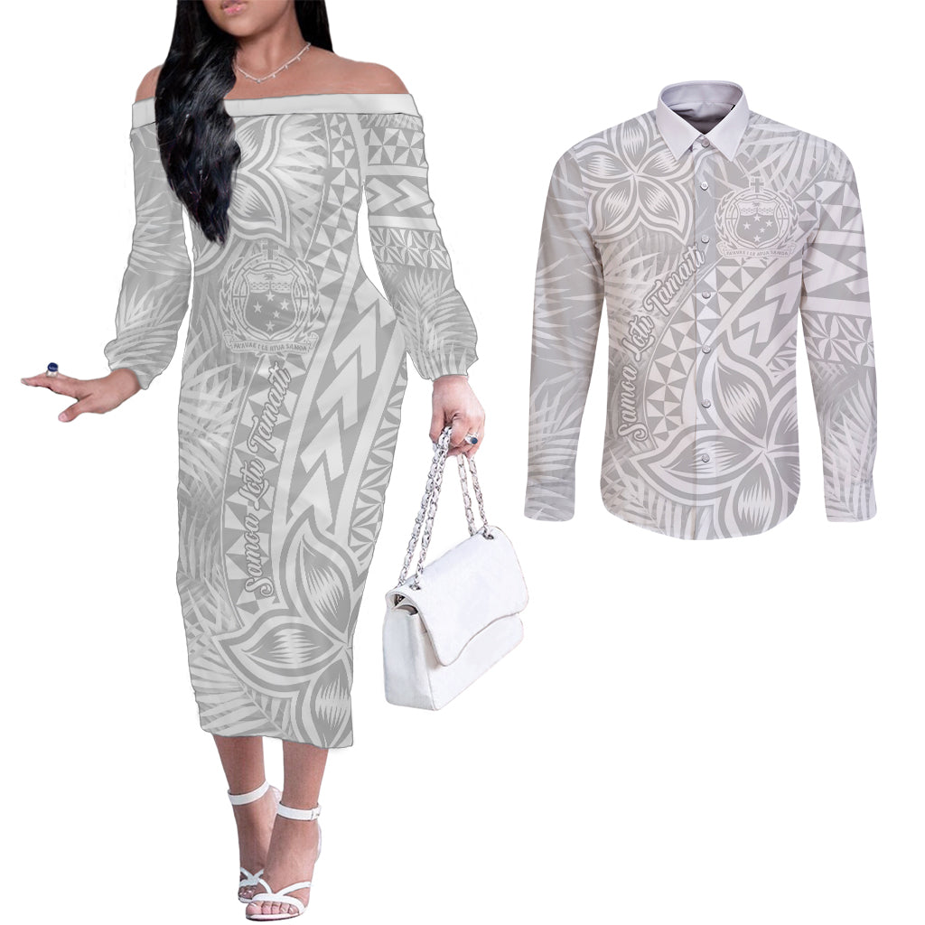 Samoa Lotu Tamait Couples Matching Off The Shoulder Long Sleeve Dress and Long Sleeve Button Shirts Tropical Plant White Sunday With Polynesia Pattern LT9 White - Polynesian Pride