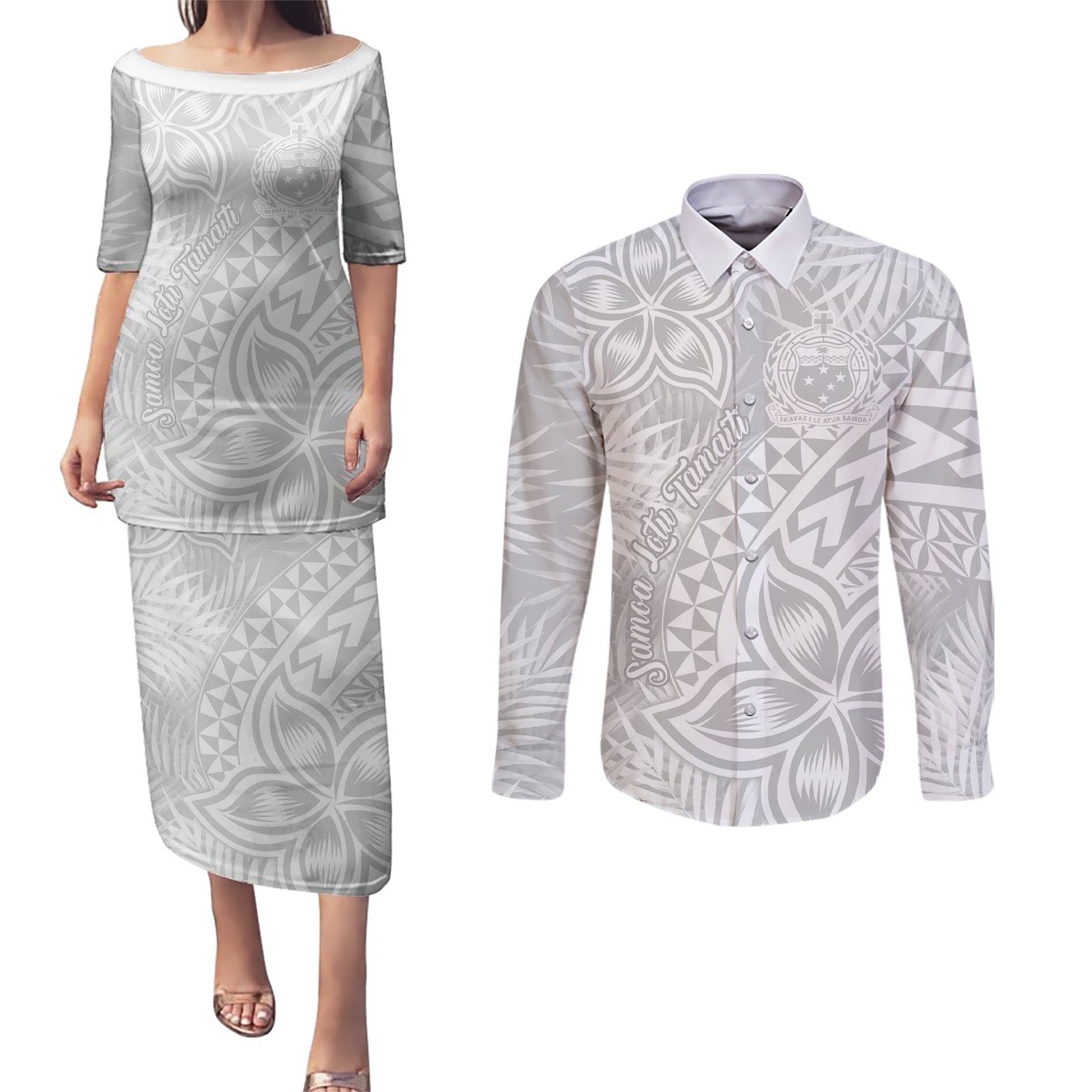 Samoa Lotu Tamait Couples Matching Puletasi Dress and Long Sleeve Button Shirts Tropical Plant White Sunday With Polynesia Pattern LT9 White - Polynesian Pride