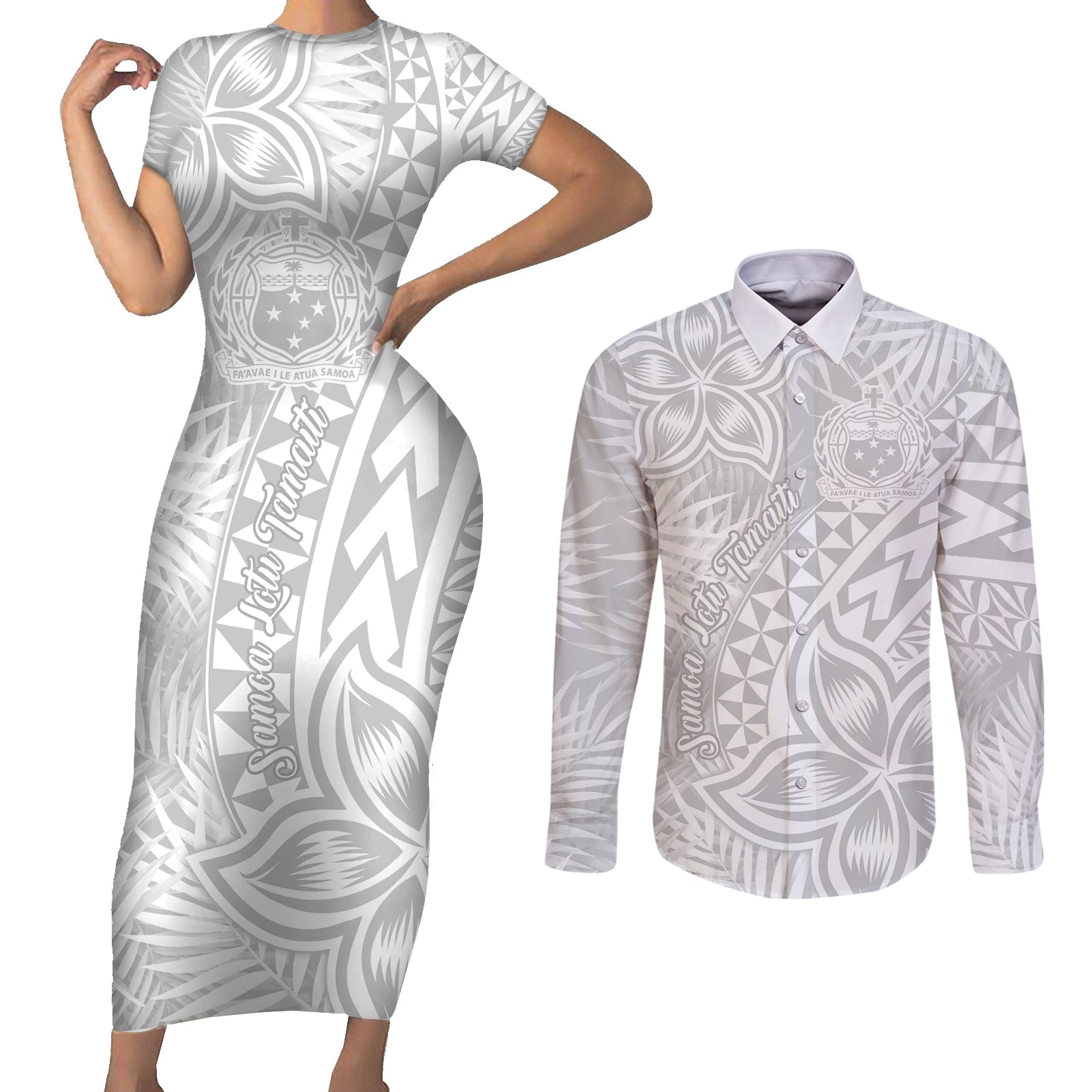 Samoa Lotu Tamait Couples Matching Short Sleeve Bodycon Dress and Long Sleeve Button Shirts Tropical Plant White Sunday With Polynesia Pattern LT9 White - Polynesian Pride