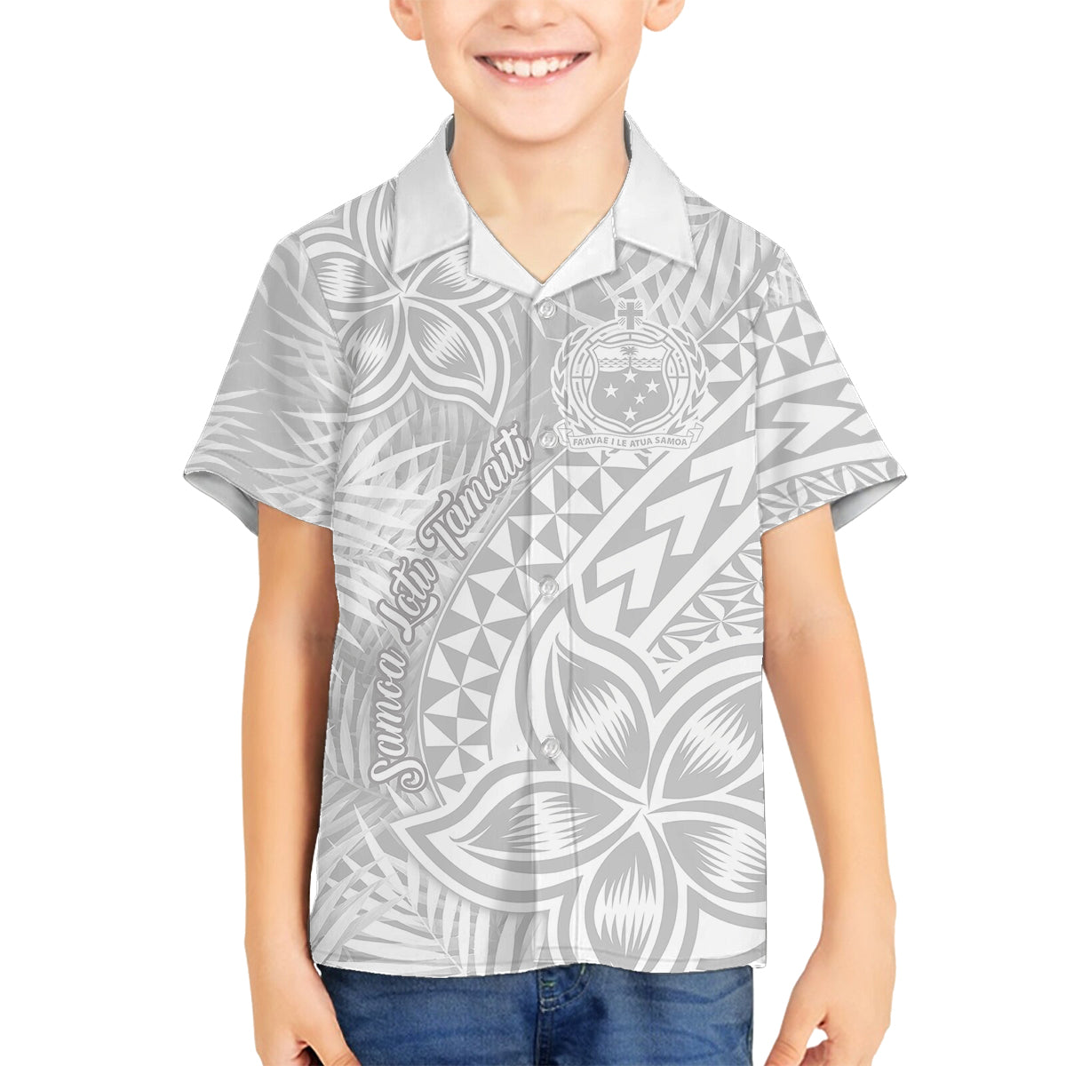 Samoa Lotu Tamait Family Matching Off Shoulder Long Sleeve Dress and Hawaiian Shirt Tropical Plant White Sunday With Polynesia Pattern LT9 Son's Shirt White - Polynesian Pride
