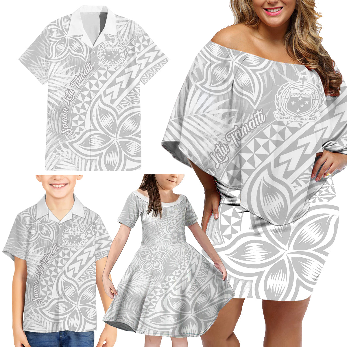 Samoa Lotu Tamait Family Matching Off Shoulder Short Dress and Hawaiian Shirt Tropical Plant White Sunday With Polynesia Pattern LT9 - Polynesian Pride