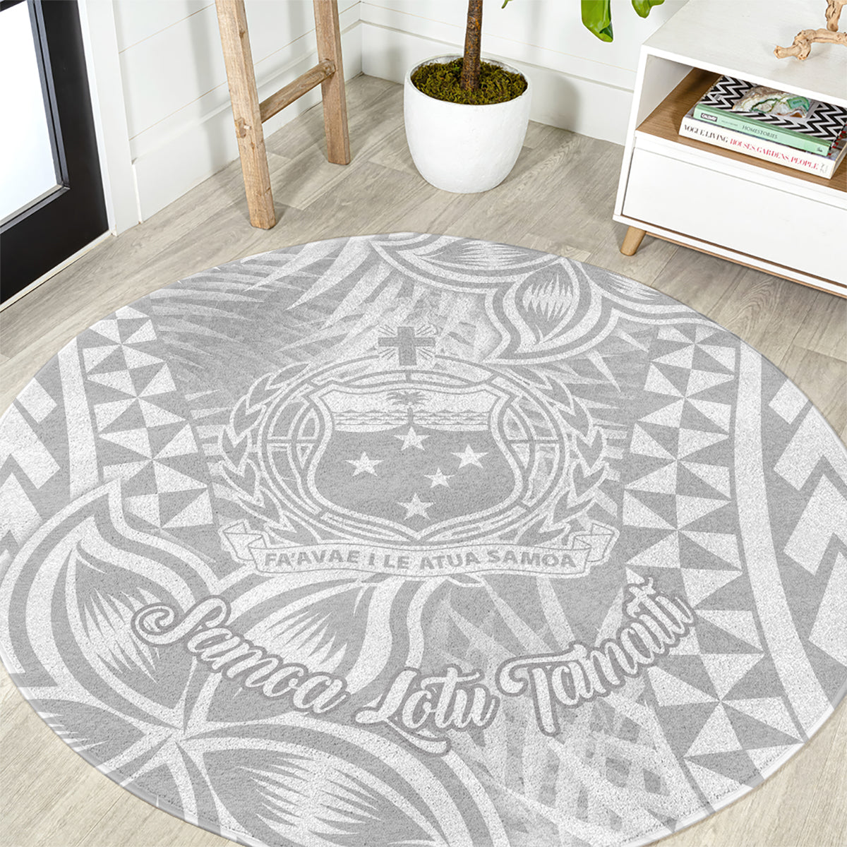 Samoa Lotu Tamait Round Carpet Tropical Plant White Sunday With Polynesia Pattern LT9 White - Polynesian Pride