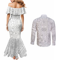 Personalised Samoa Lotu Tamait Couples Matching Mermaid Dress and Long Sleeve Button Shirts Tropical Plant White Sunday With Polynesia Pattern LT9 - Polynesian Pride