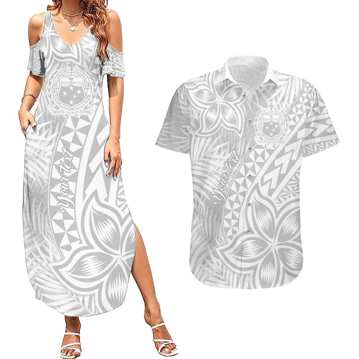 Personalised Samoa Lotu Tamait Couples Matching Summer Maxi Dress and Hawaiian Shirt Tropical Plant White Sunday With Polynesia Pattern LT9 White - Polynesian Pride
