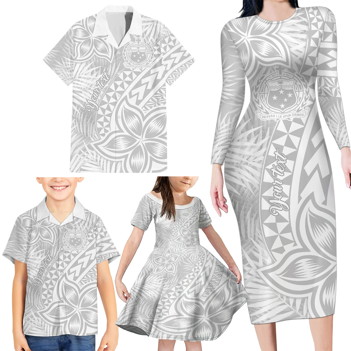 Personalised Samoa Lotu Tamait Family Matching Long Sleeve Bodycon Dress and Hawaiian Shirt Tropical Plant White Sunday With Polynesia Pattern LT9 - Polynesian Pride