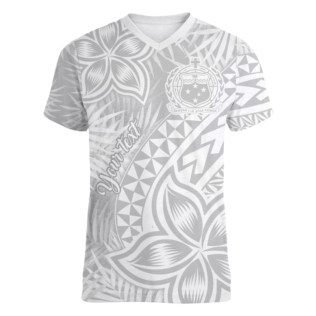 Personalised Samoa Lotu Tamait Women V Neck T Shirt Tropical Plant White Sunday With Polynesia Pattern LT9 Female White - Polynesian Pride