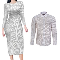 Personalised Tonga White Sunday Couples Matching Long Sleeve Bodycon Dress and Long Sleeve Button Shirts Tropical Plant With Polynesian Pattern LT9 White - Polynesian Pride