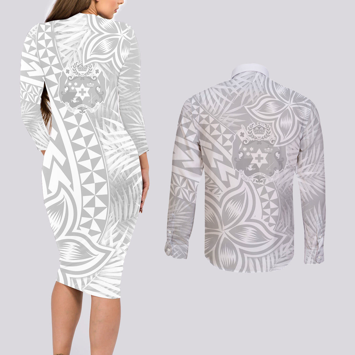 Personalised Tonga White Sunday Couples Matching Long Sleeve Bodycon Dress and Long Sleeve Button Shirts Tropical Plant With Polynesian Pattern LT9 - Polynesian Pride
