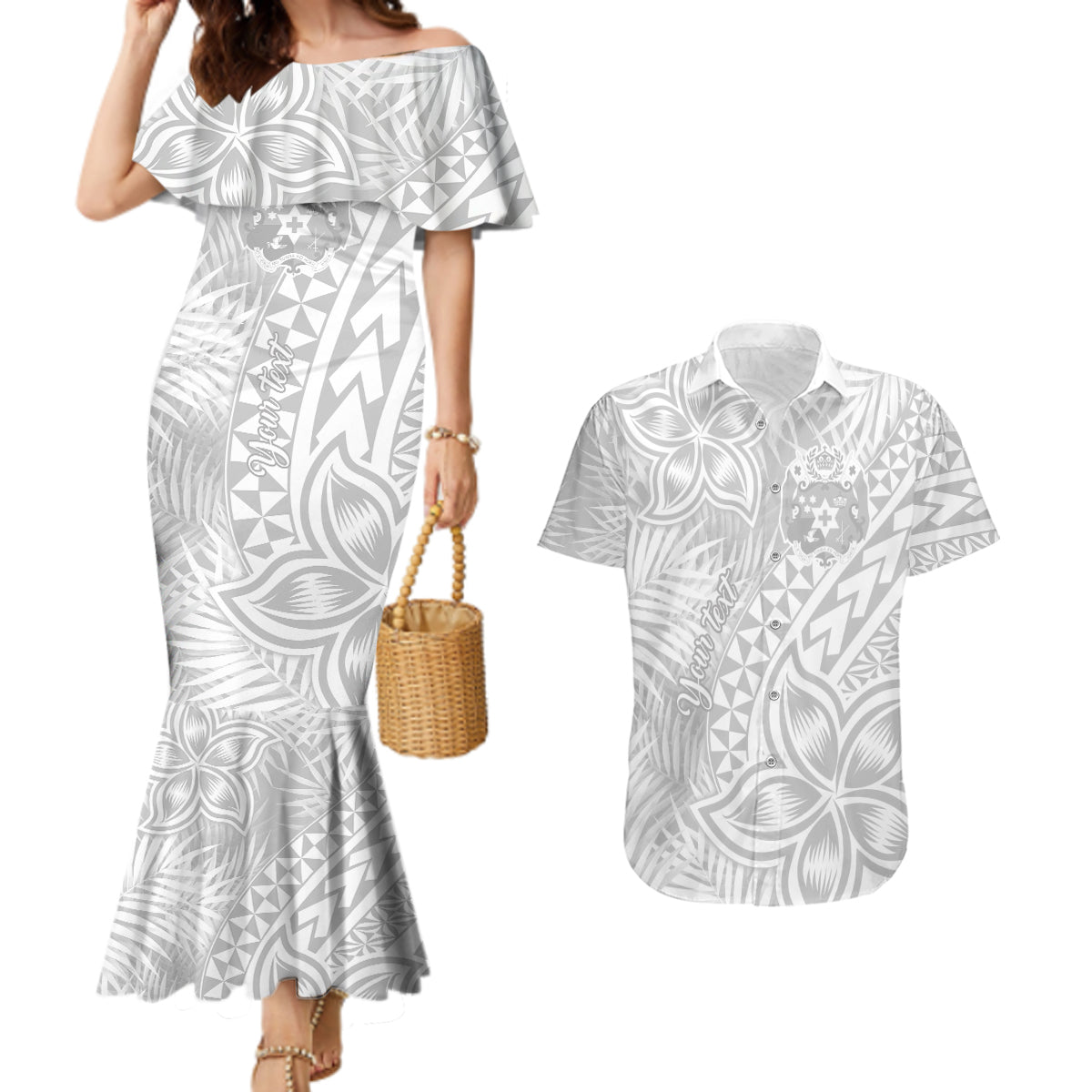 Personalised Tonga White Sunday Couples Matching Mermaid Dress and Hawaiian Shirt Tropical Plant With Polynesian Pattern LT9 White - Polynesian Pride