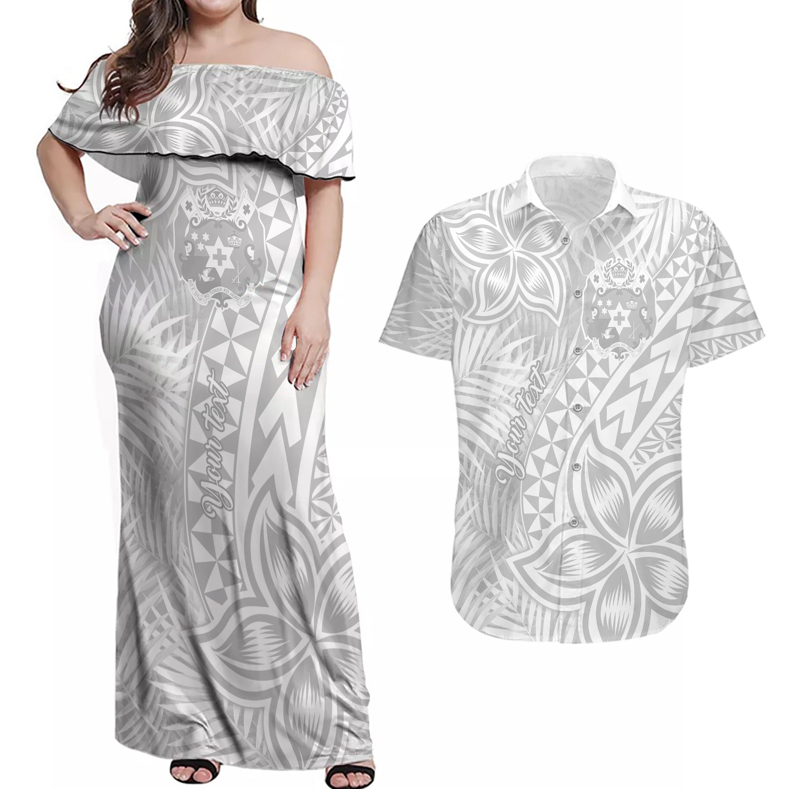 Personalised Tonga White Sunday Couples Matching Off Shoulder Maxi Dress and Hawaiian Shirt Tropical Plant With Polynesian Pattern LT9 White - Polynesian Pride