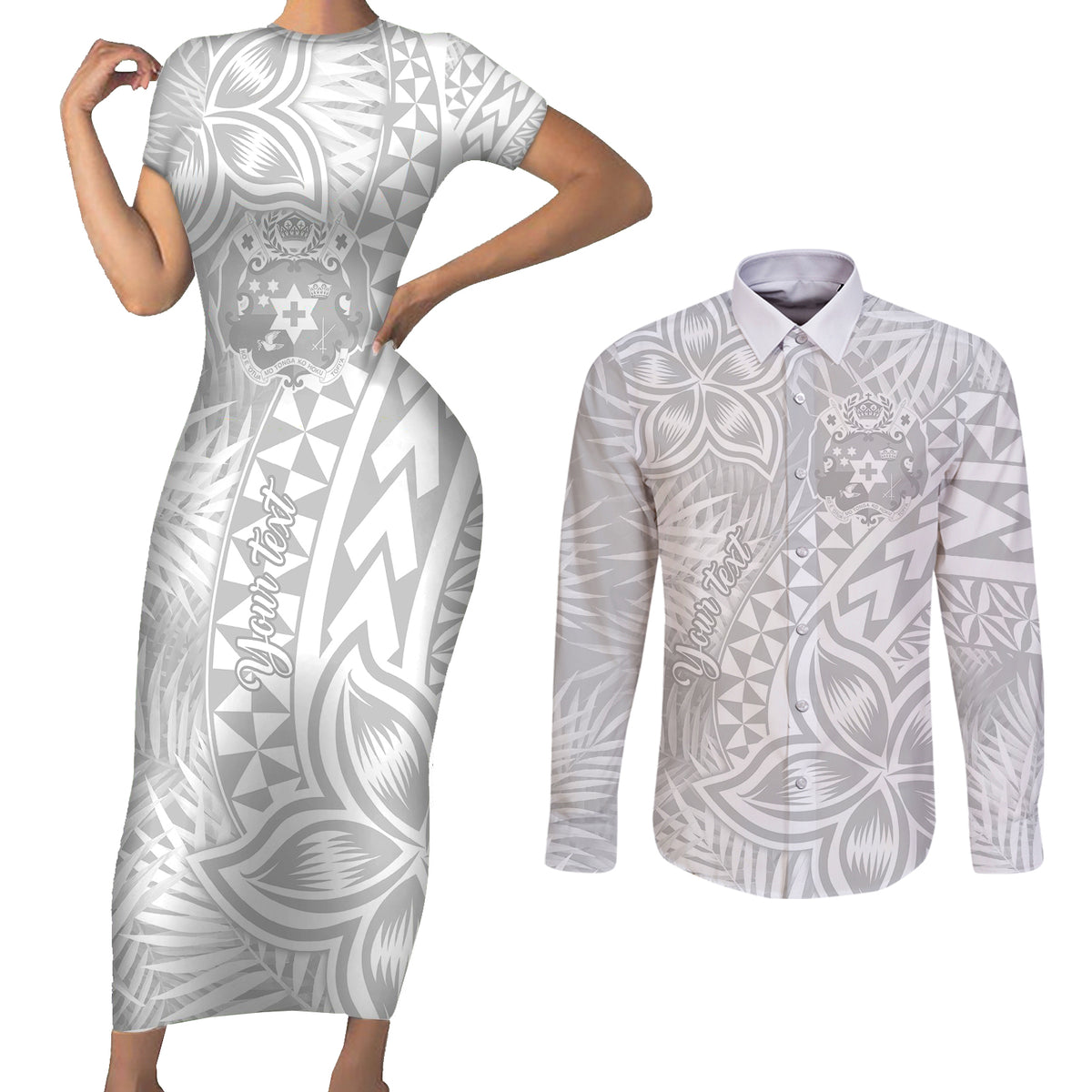 Personalised Tonga White Sunday Couples Matching Short Sleeve Bodycon Dress and Long Sleeve Button Shirts Tropical Plant With Polynesian Pattern LT9 White - Polynesian Pride