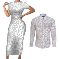 Personalised Tonga White Sunday Couples Matching Short Sleeve Bodycon Dress and Long Sleeve Button Shirts Tropical Plant With Polynesian Pattern LT9 White - Polynesian Pride