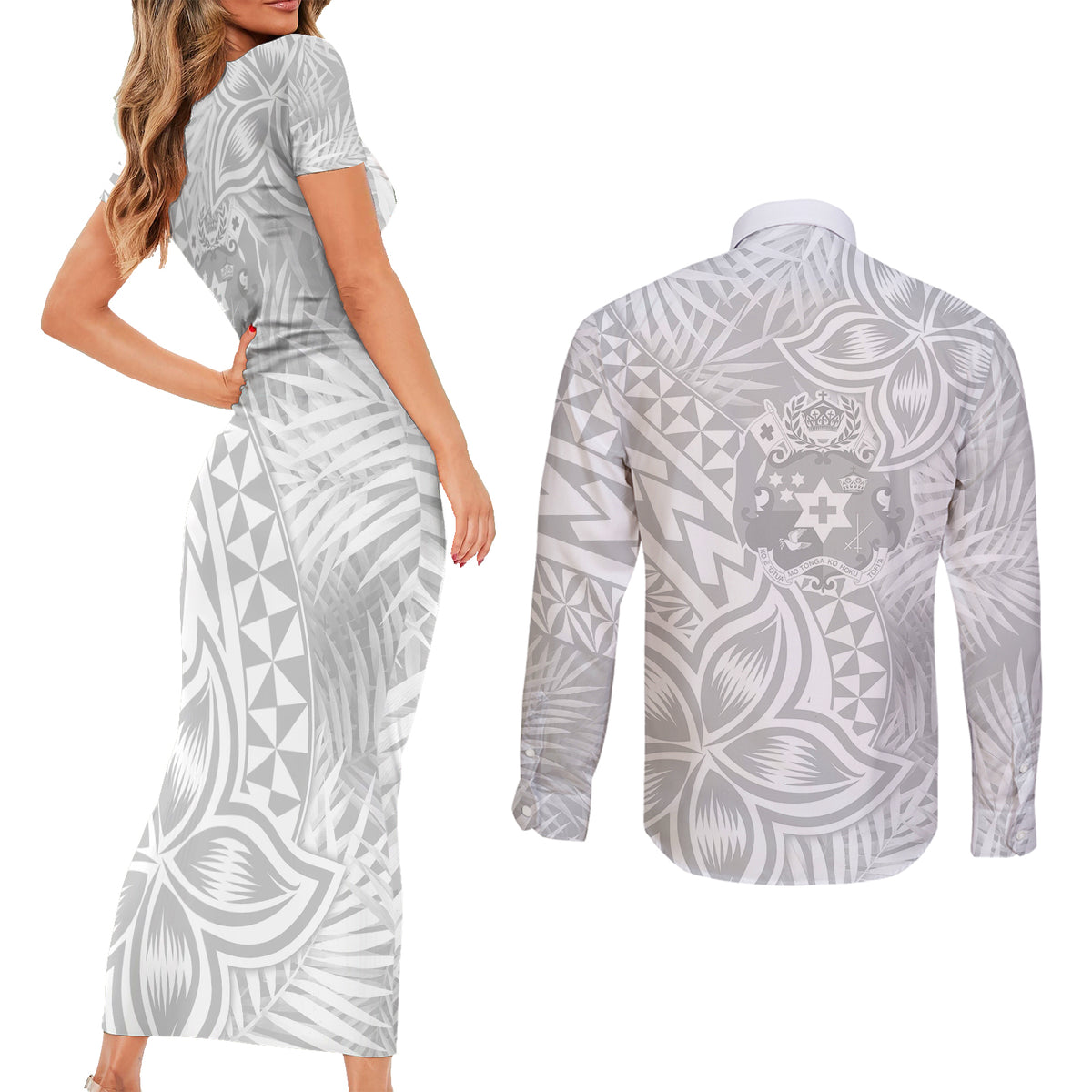 Personalised Tonga White Sunday Couples Matching Short Sleeve Bodycon Dress and Long Sleeve Button Shirts Tropical Plant With Polynesian Pattern LT9 - Polynesian Pride