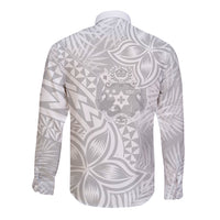 Personalised Tonga White Sunday Long Sleeve Button Shirt Tropical Plant With Polynesian Pattern LT9 - Polynesian Pride