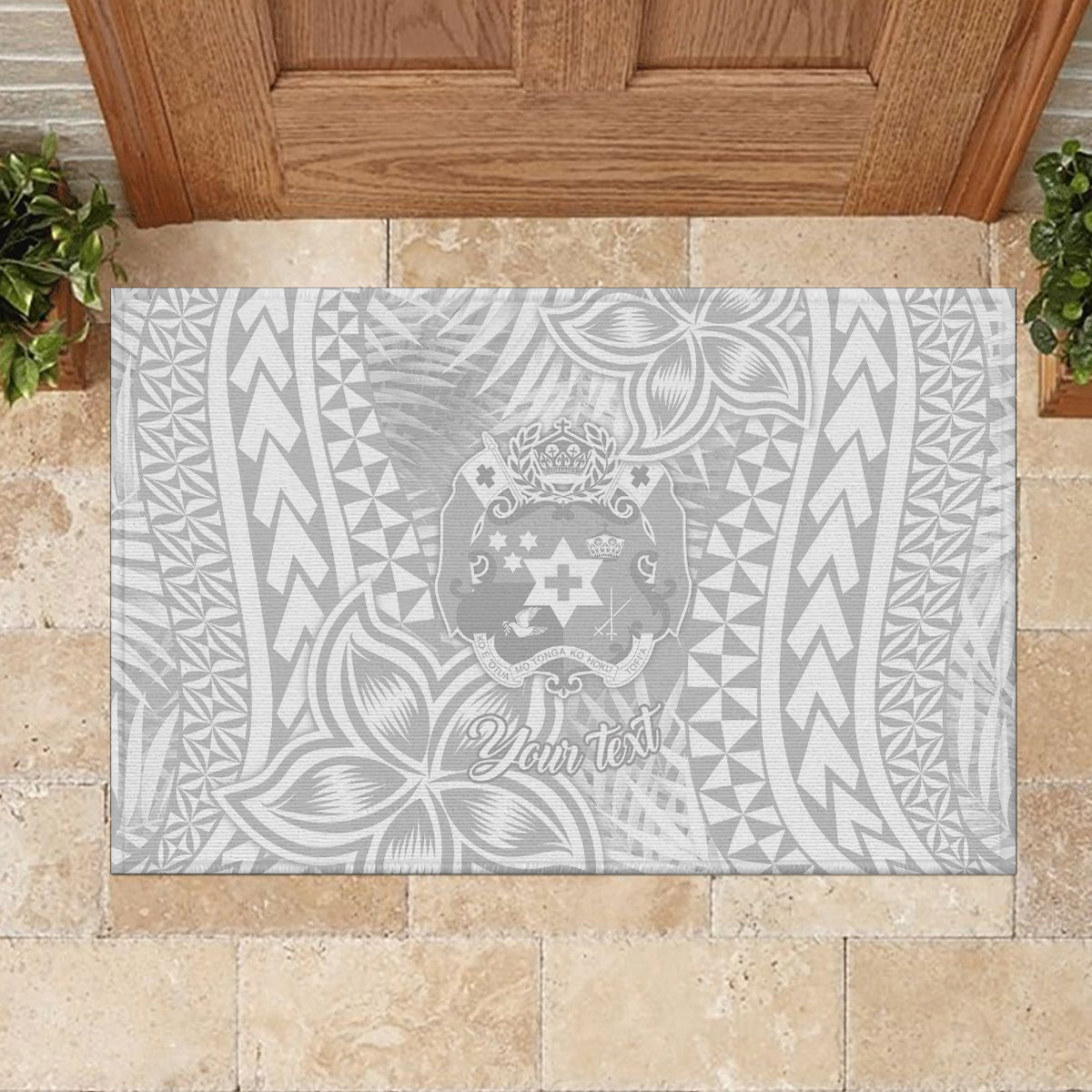 Personalised Tonga White Sunday Rubber Doormat Tropical Plant With Polynesian Pattern LT9 - Polynesian Pride