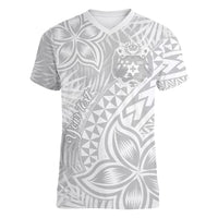 Personalised Tonga White Sunday Women V Neck T Shirt Tropical Plant With Polynesian Pattern LT9 Female White - Polynesian Pride