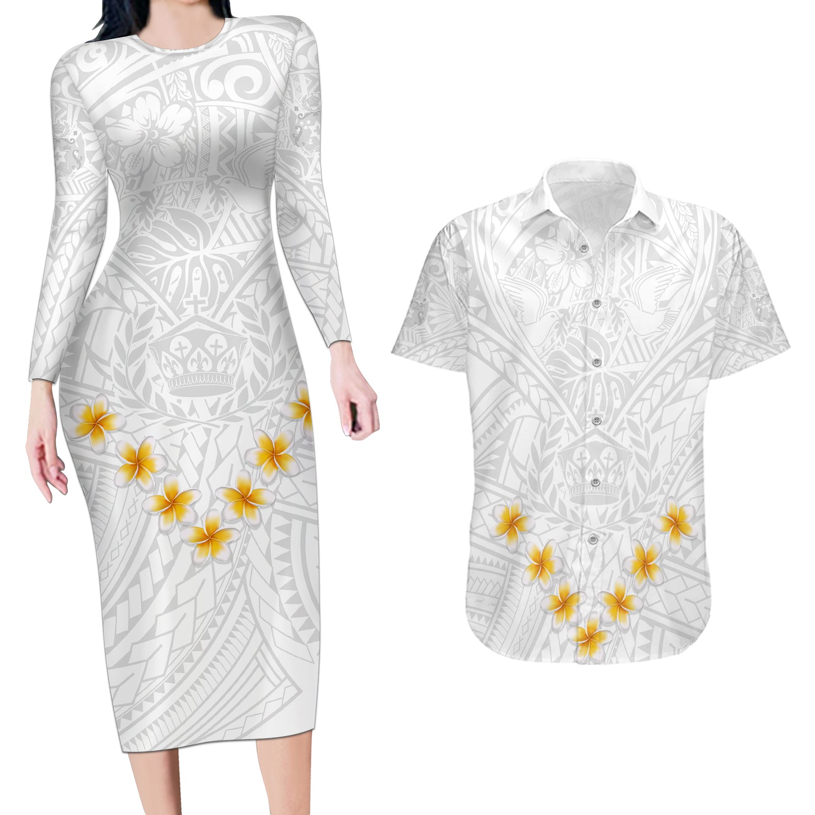 Tonga White Sunday Couples Matching Long Sleeve Bodycon Dress and Hawaiian Shirt Polynesian Plumeria Tribal Simple LT9 White - Polynesian Pride