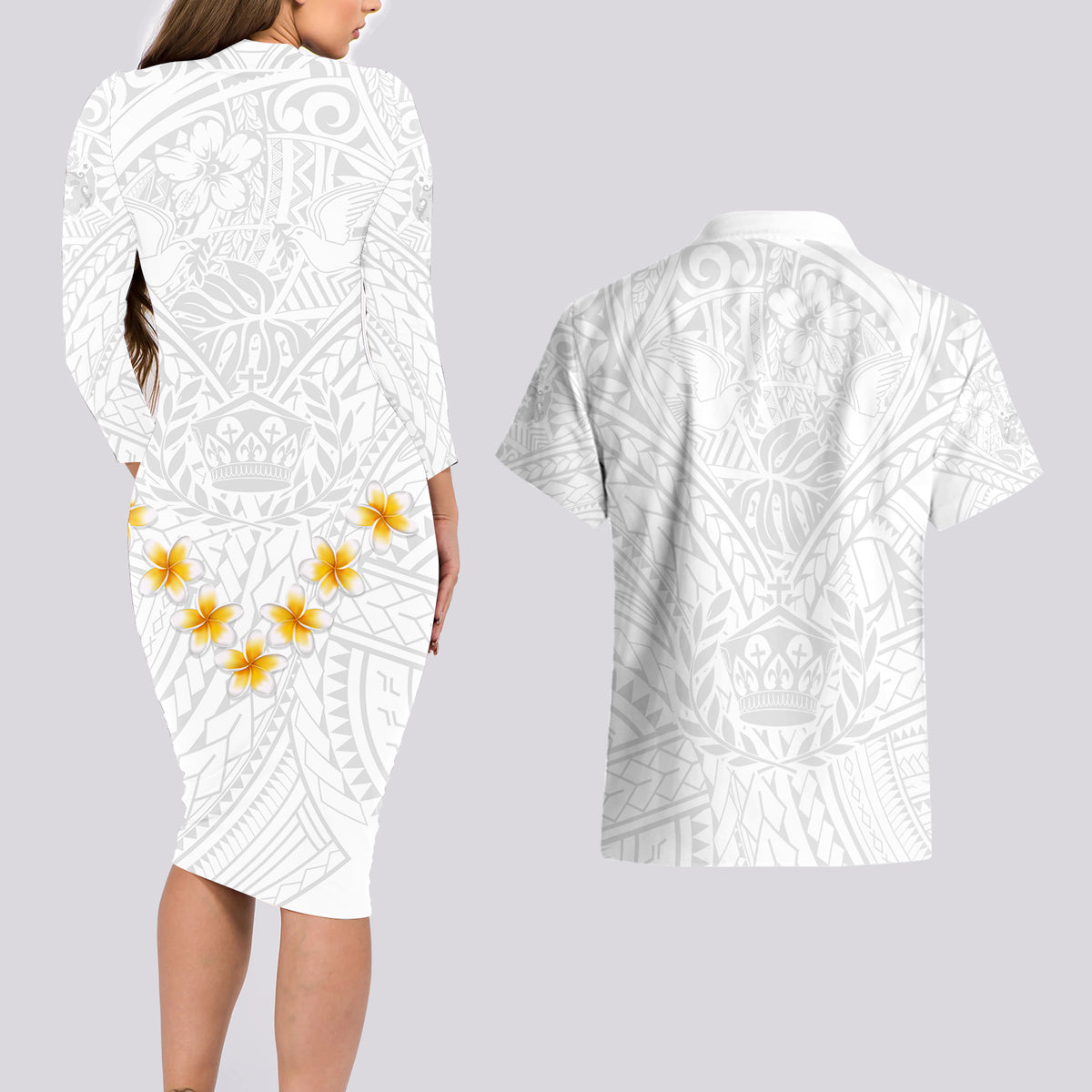 Tonga White Sunday Couples Matching Long Sleeve Bodycon Dress and Hawaiian Shirt Polynesian Plumeria Tribal Simple LT9 - Polynesian Pride
