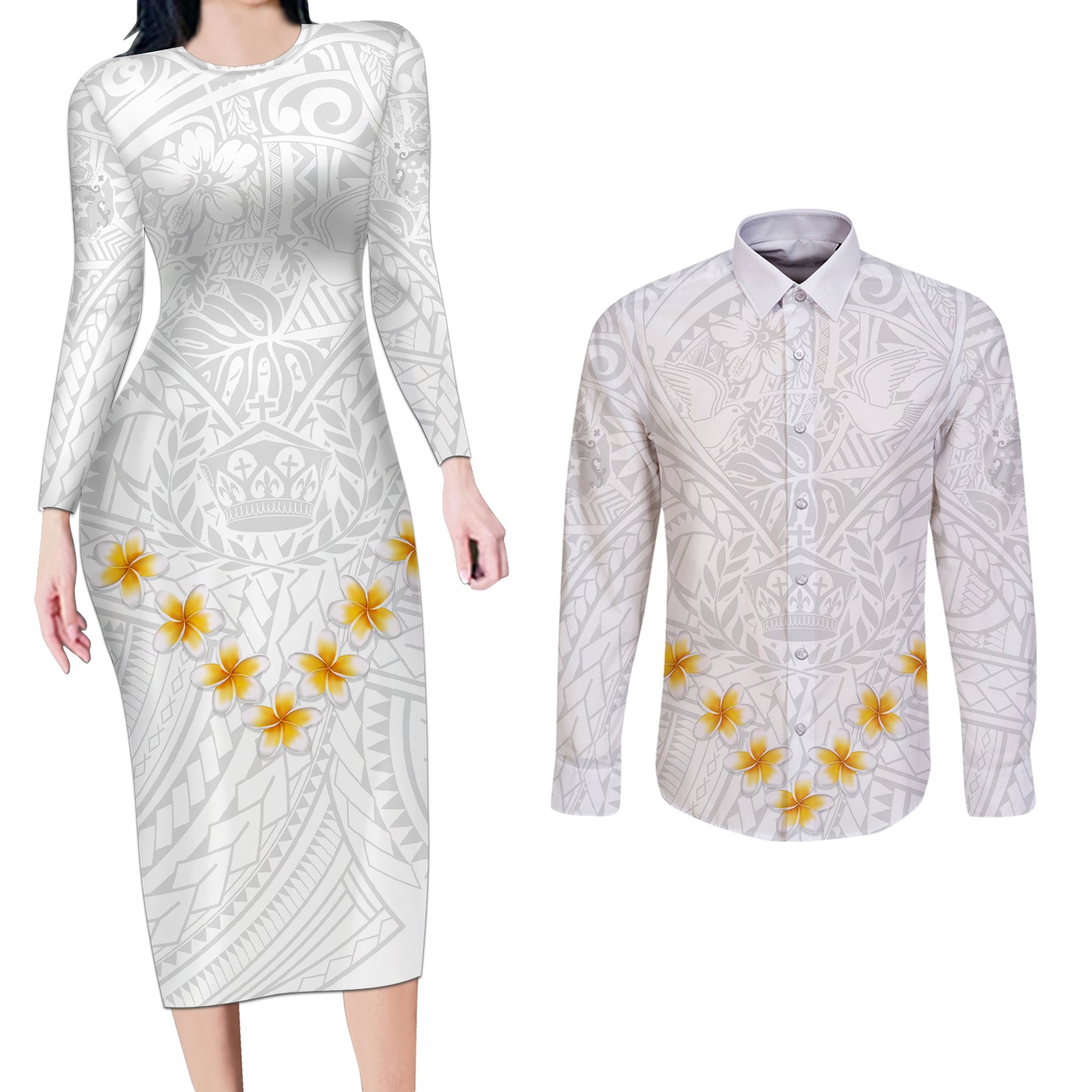Tonga White Sunday Couples Matching Long Sleeve Bodycon Dress and Long Sleeve Button Shirts Polynesian Plumeria Tribal Simple LT9 White - Polynesian Pride