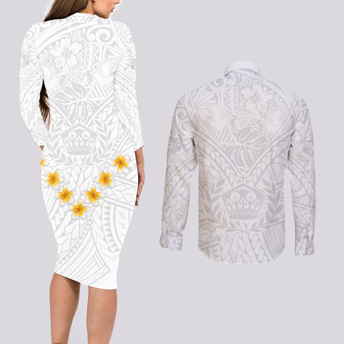 Tonga White Sunday Couples Matching Long Sleeve Bodycon Dress and Long Sleeve Button Shirts Polynesian Plumeria Tribal Simple LT9 - Polynesian Pride