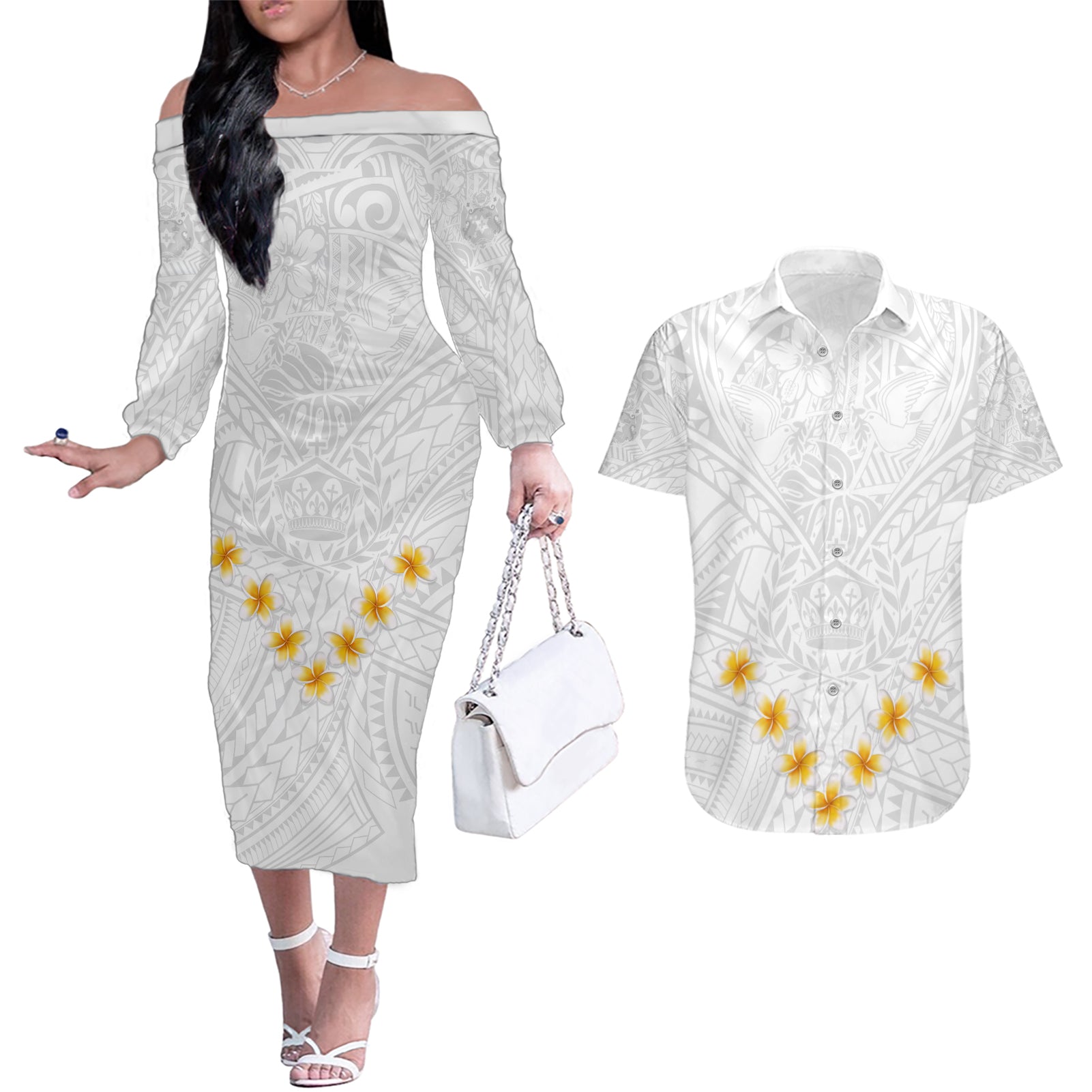 Tonga White Sunday Couples Matching Off The Shoulder Long Sleeve Dress and Hawaiian Shirt Polynesian Plumeria Tribal Simple LT9 White - Polynesian Pride