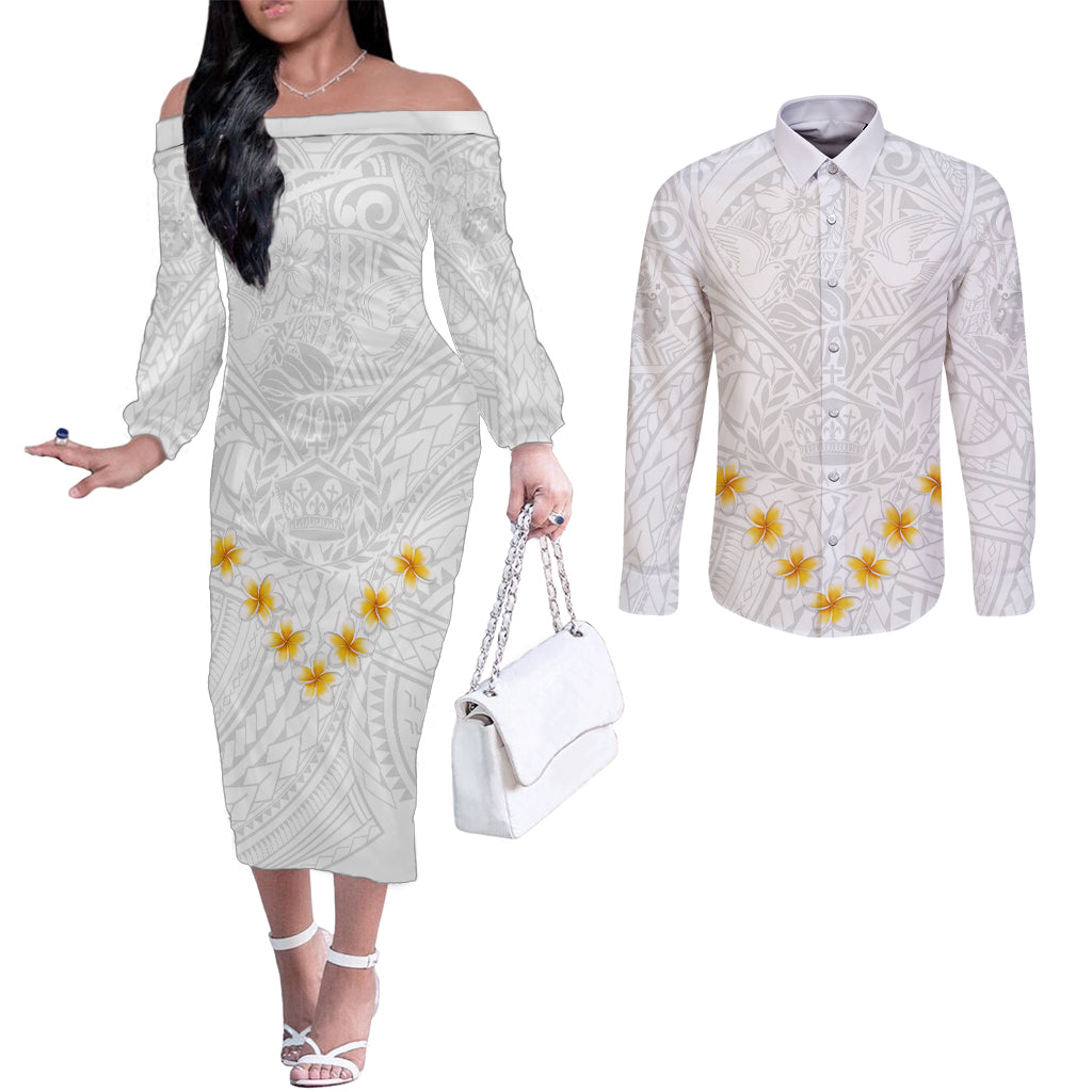 Tonga White Sunday Couples Matching Off The Shoulder Long Sleeve Dress and Long Sleeve Button Shirts Polynesian Plumeria Tribal Simple LT9 White - Polynesian Pride