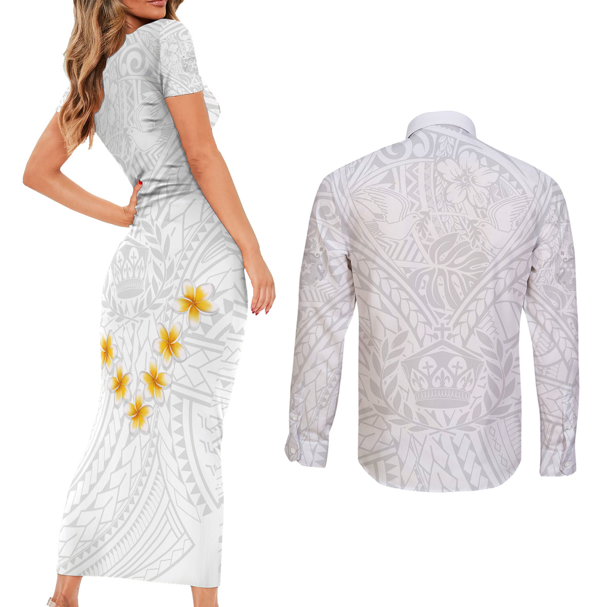 Tonga White Sunday Couples Matching Short Sleeve Bodycon Dress and Long Sleeve Button Shirts Polynesian Plumeria Tribal Simple LT9 - Polynesian Pride