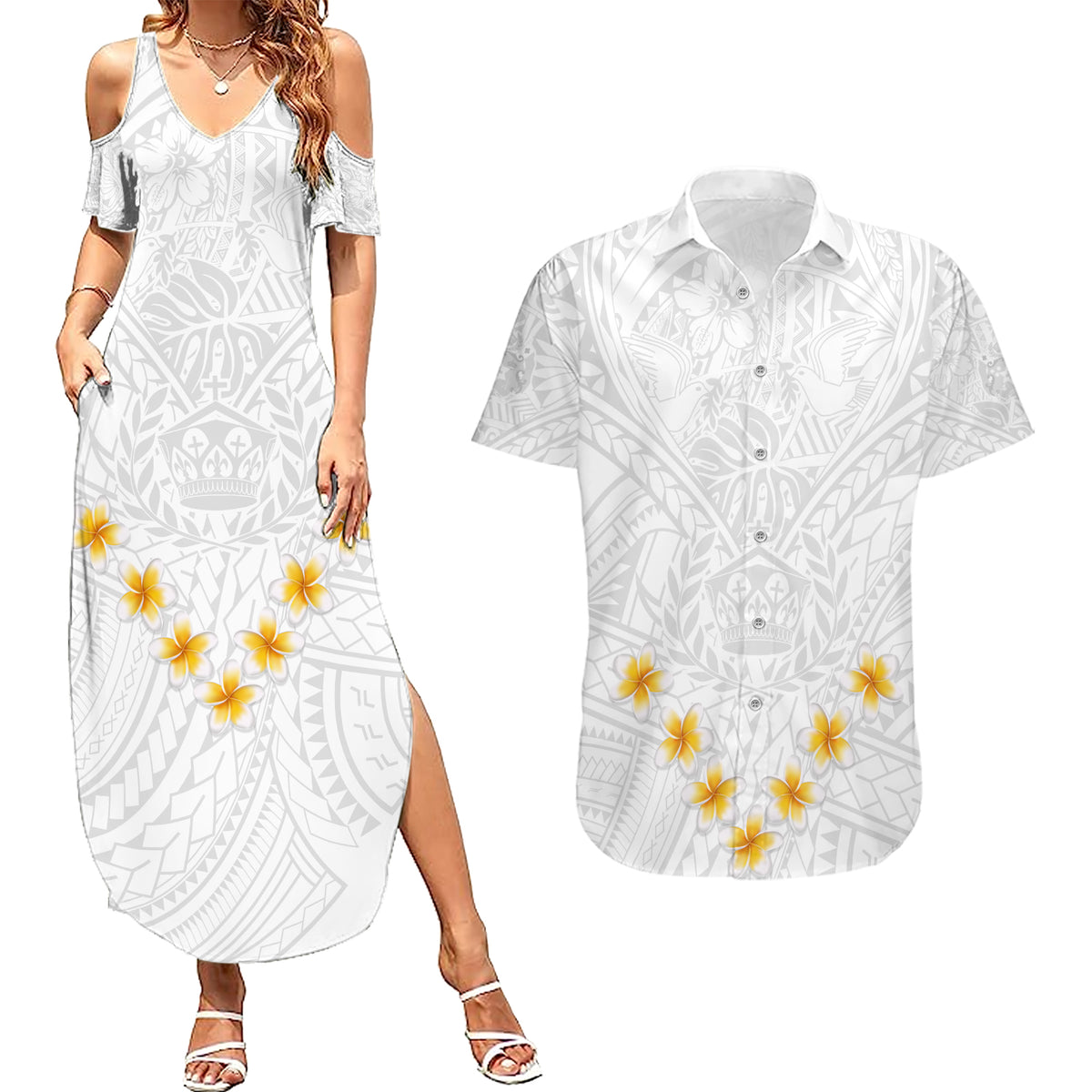 Tonga White Sunday Couples Matching Summer Maxi Dress and Hawaiian Shirt Polynesian Plumeria Tribal Simple LT9 White - Polynesian Pride