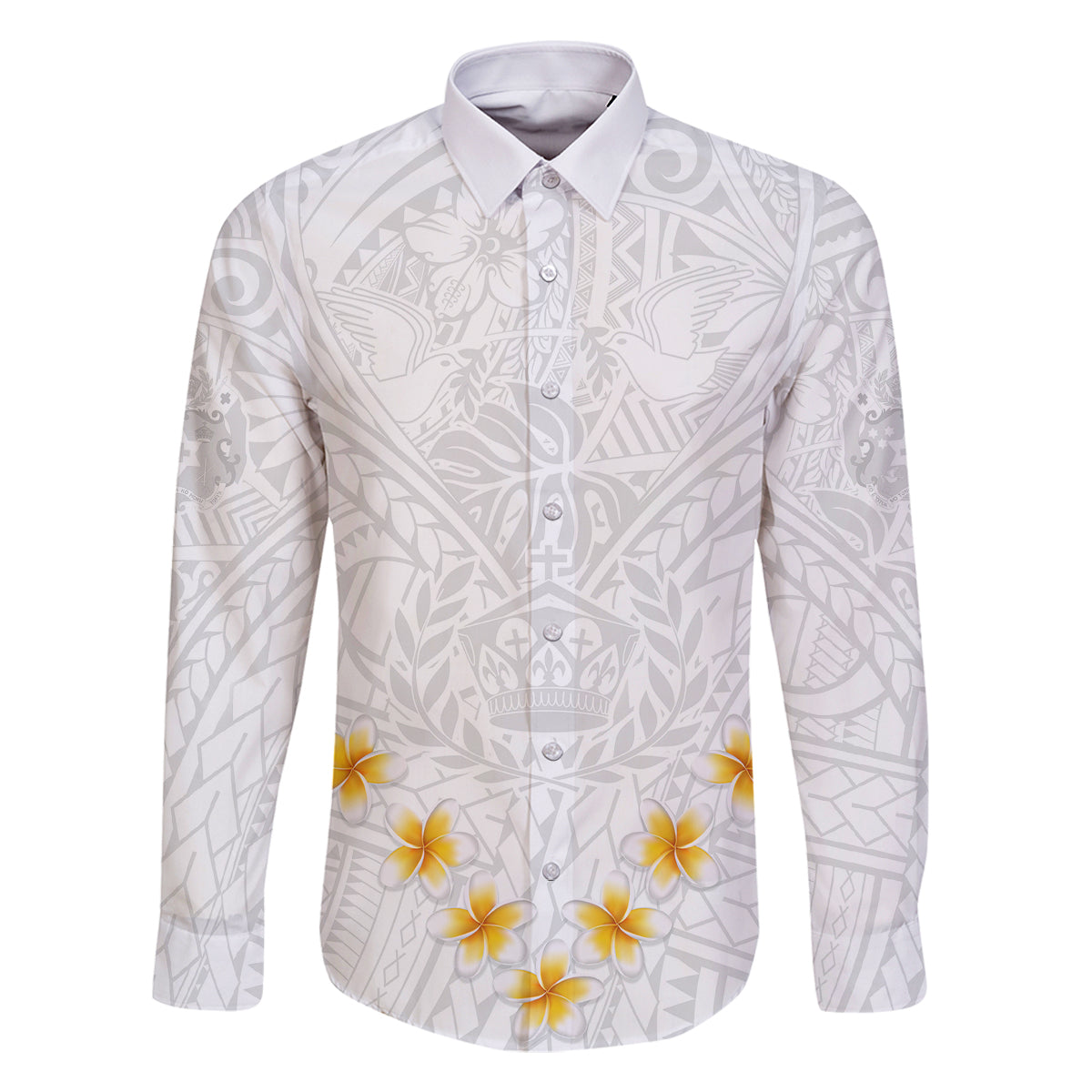 Tonga White Sunday Family Matching Off Shoulder Maxi Dress and Hawaiian Shirt Polynesian Plumeria Tribal Simple LT9 Dad's Shirt - Long Sleeve White - Polynesian Pride