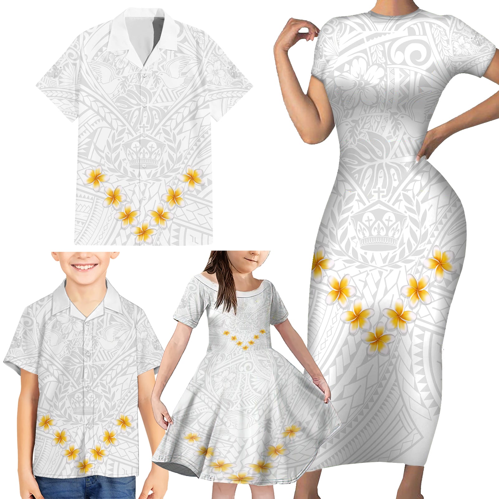 Tonga White Sunday Family Matching Short Sleeve Bodycon Dress and Hawaiian Shirt Polynesian Plumeria Tribal Simple LT9 - Polynesian Pride