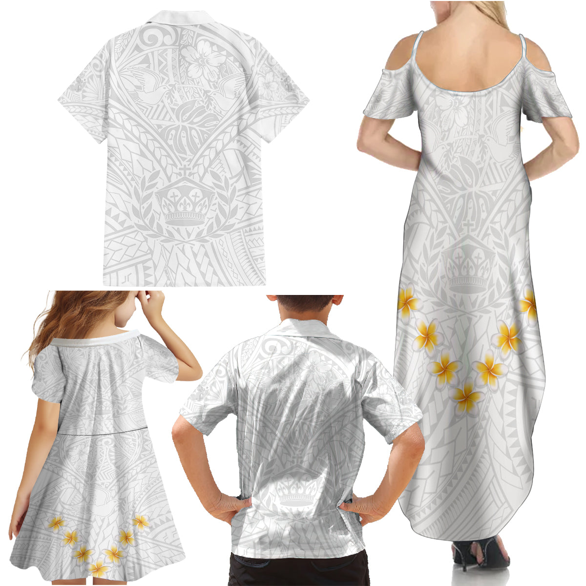 Tonga White Sunday Family Matching Summer Maxi Dress and Hawaiian Shirt Polynesian Plumeria Tribal Simple LT9 - Polynesian Pride